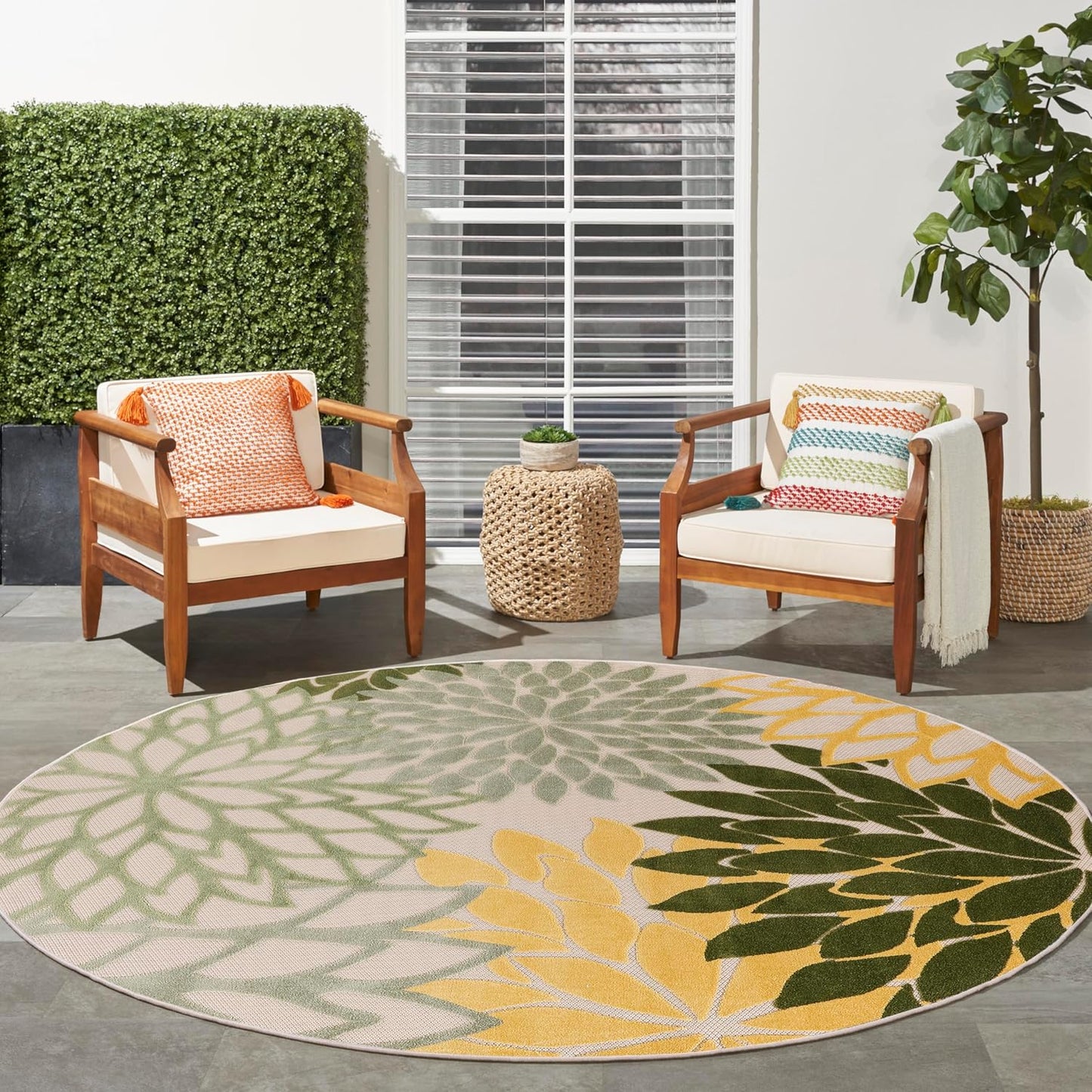 Nourison Home Aloha Indoor/Outdoor Green Multicolor 7'10" x Round Area Rug, Easy-Cleaning, Non Shedding, Bed Room, Living Room, Dining Room, Backyard, Patio, Deck (8 Round)