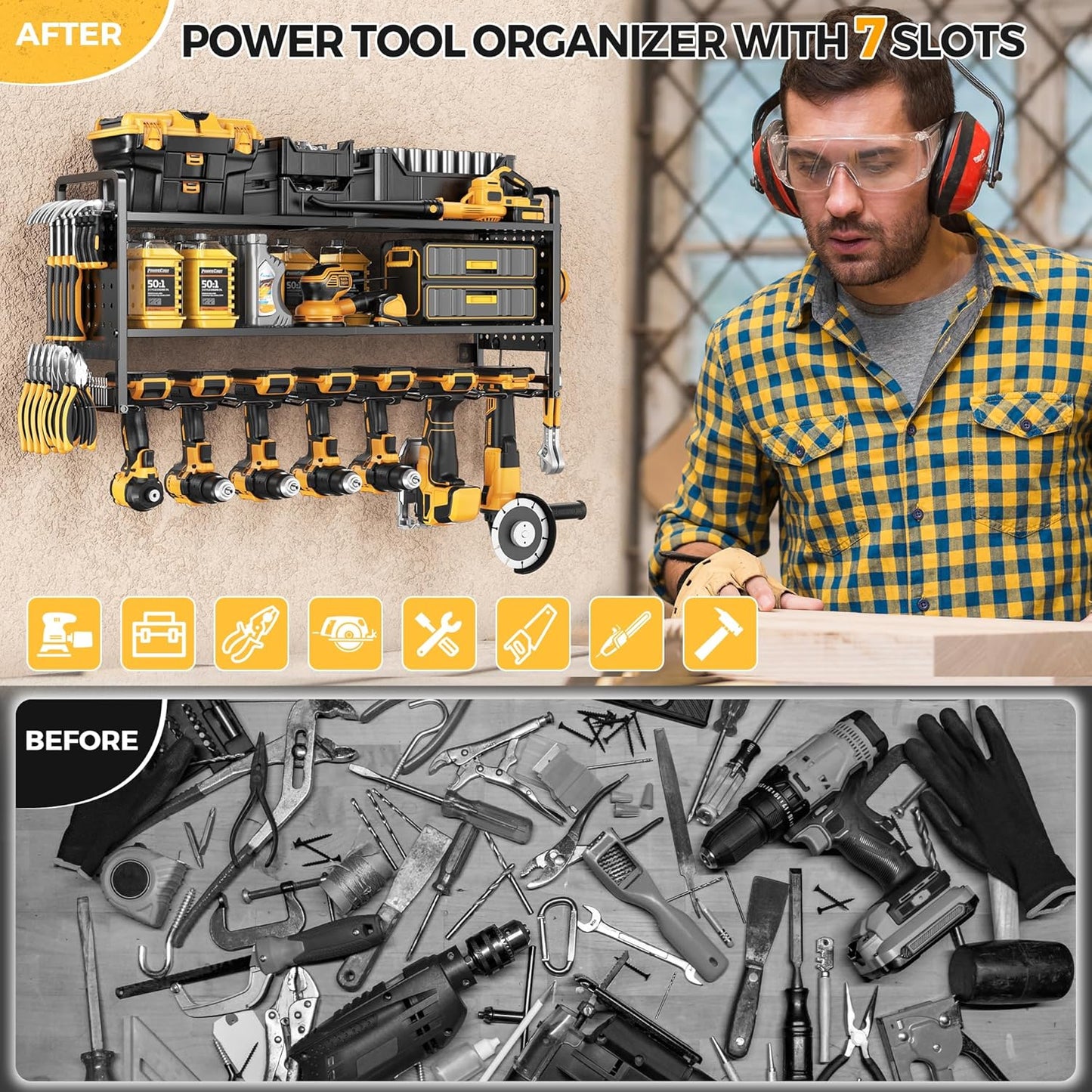 LBT Large Power Tool Organizer Wall Mount with Pegboard, Heightening Garage Power Tool Storage with 7 Cordless Drill Holder, Heavy Duty Metal Tool Shelf Battery Storage, Gifts For Men Father Husband