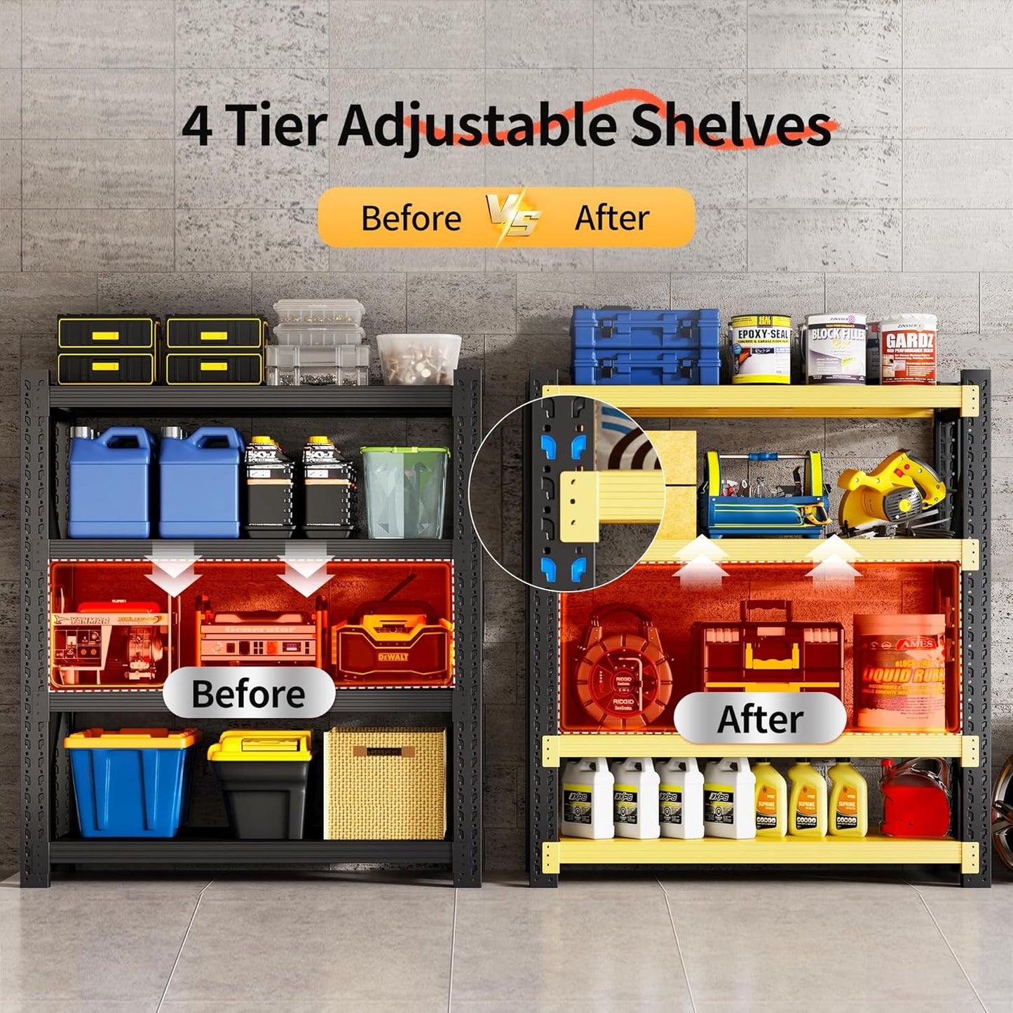 Garage Shelving Unit, 4 Tier Heavy Duty Racks, Easy Assembly, Metal Racks with Adjustable Shelves, 3000 LBS Load Capacity,for Warehouse,Basement (Black, 19.7" D x 59.1" W x 78.7" H)