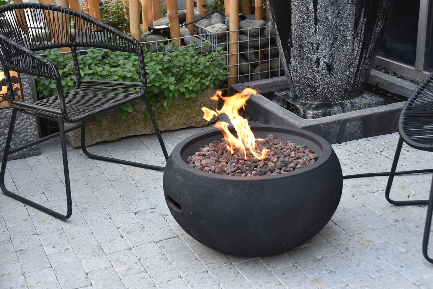 AMS Fireplace | Modeno York Package | Black Natural Gas Fire Pit Table for Outside Patio Bundle with SS Burner Lid | Free Ice Bucket