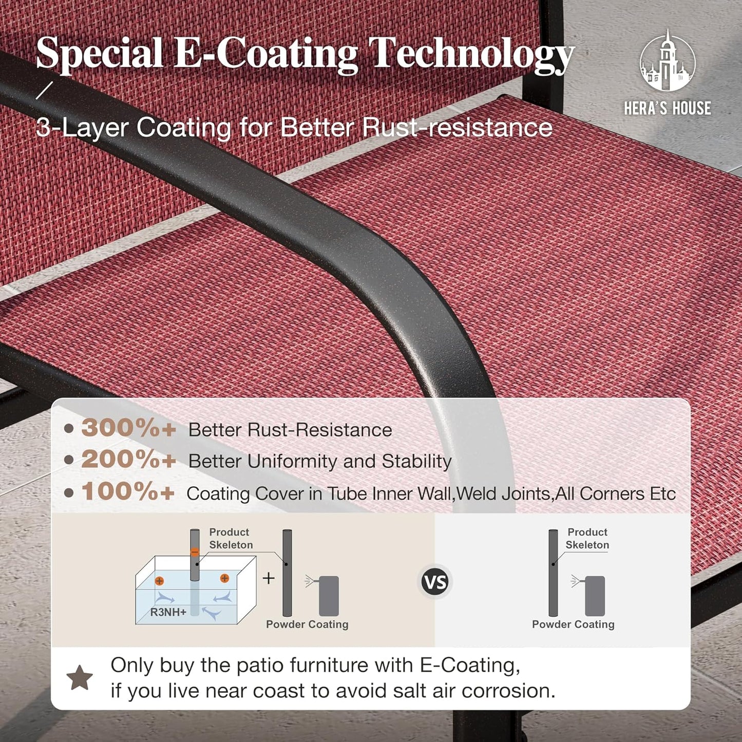 HERA'S HOUSE Patio Dining Set 9 Pieces, Outdoor Table and Chairs Set for 8, 8 x Red Textilene Dining Chair, 60" Square Metal Dining Table with 1.57" Umbrella Hole, for Lawn Garden Backyard Deck