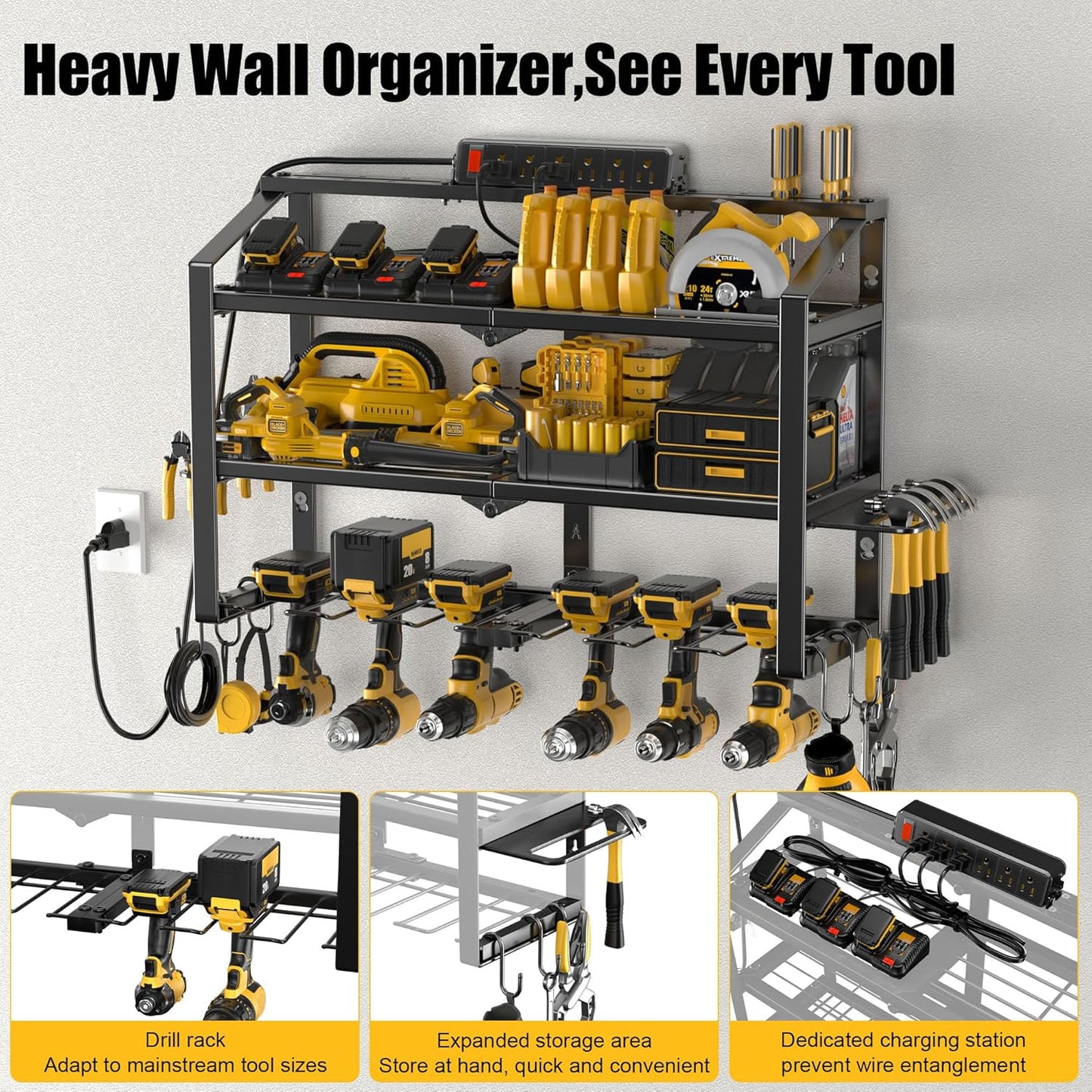 Heavy Duty Power Tool Organizer Wall Mount, 3 Layers Storage Rack with 6 Cordless Drill Holders, Garage Tool Organizer Storage for Workshop Shed, Charging Station Shelf, Father/Men Gifts