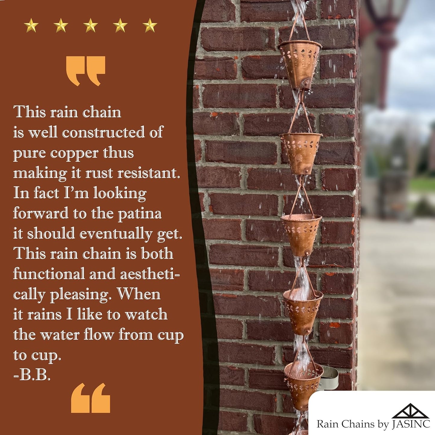 8.5 ft Fiona Cups Pure Copper, to Replace Roof Gutter Downspout, with Installation Kit, Rainwater Catcher/Water Diverter, JAS3004C