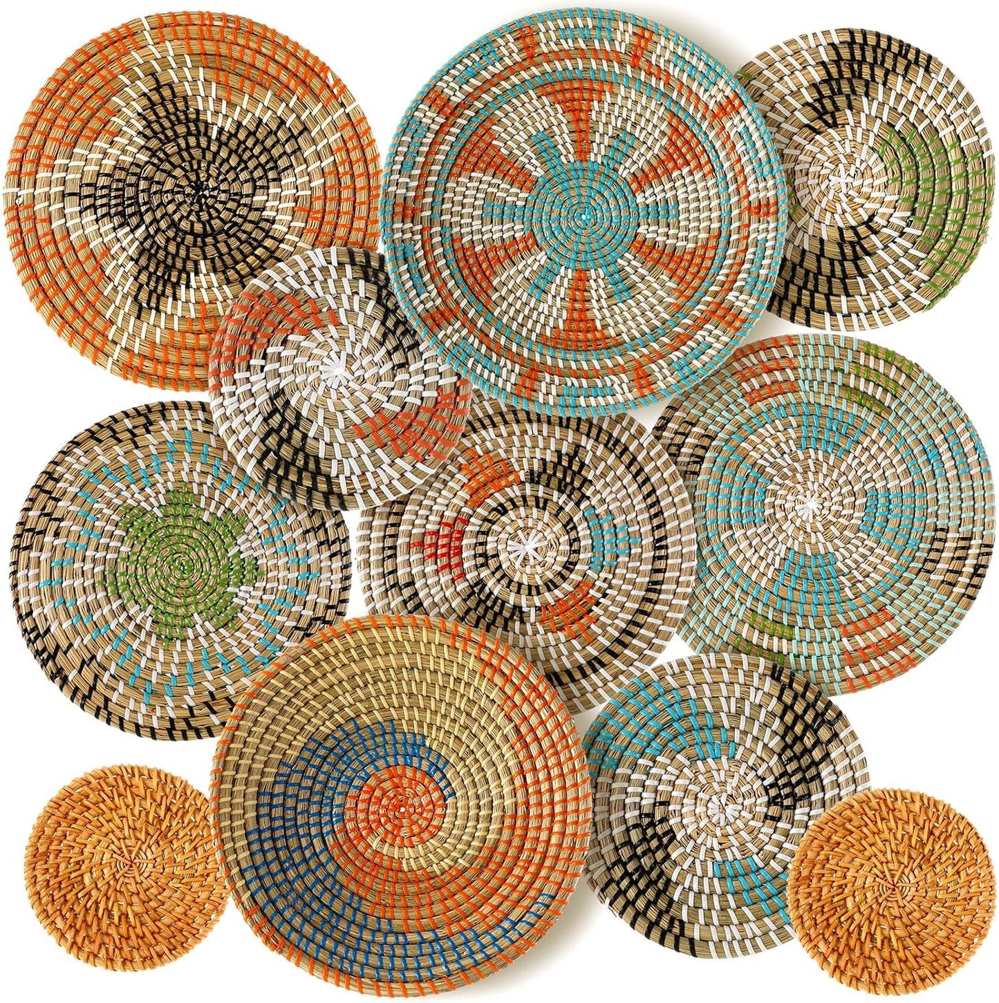 Tatuo 11 Pcs Boho Wall Basket Decor Decorative Bulrush Woven Basket Wall Decor Art Round Farmhouse Hanging Baskets for Kitchen Rustic Home Summer Decorations, Multi Sizes(Farmhouse)