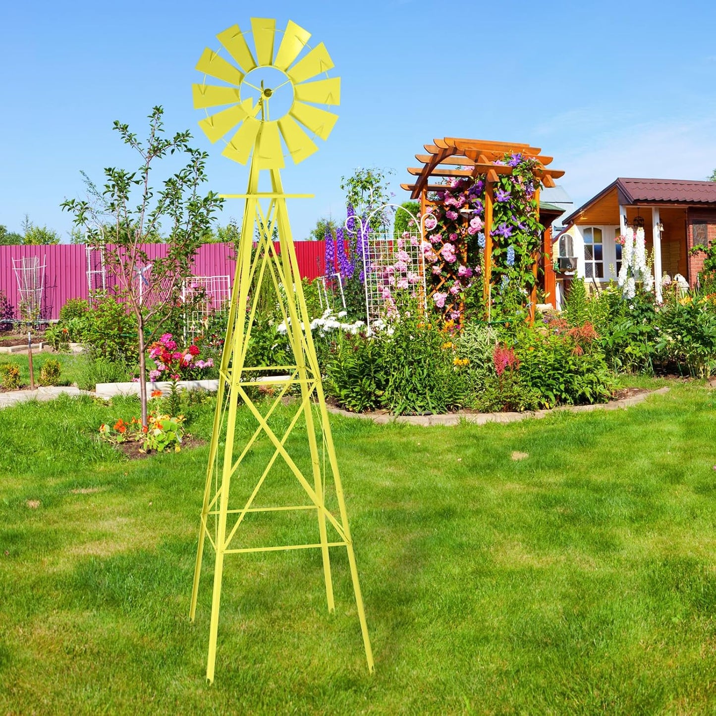 Garden Windmill for Yard Decor, 8 ft Tall Metal Windmill with Spinning Blades, Weather-Resistant Outdoor Windmill for Lawn, Farmhouse, Rustic & Farm Decor,Yellow