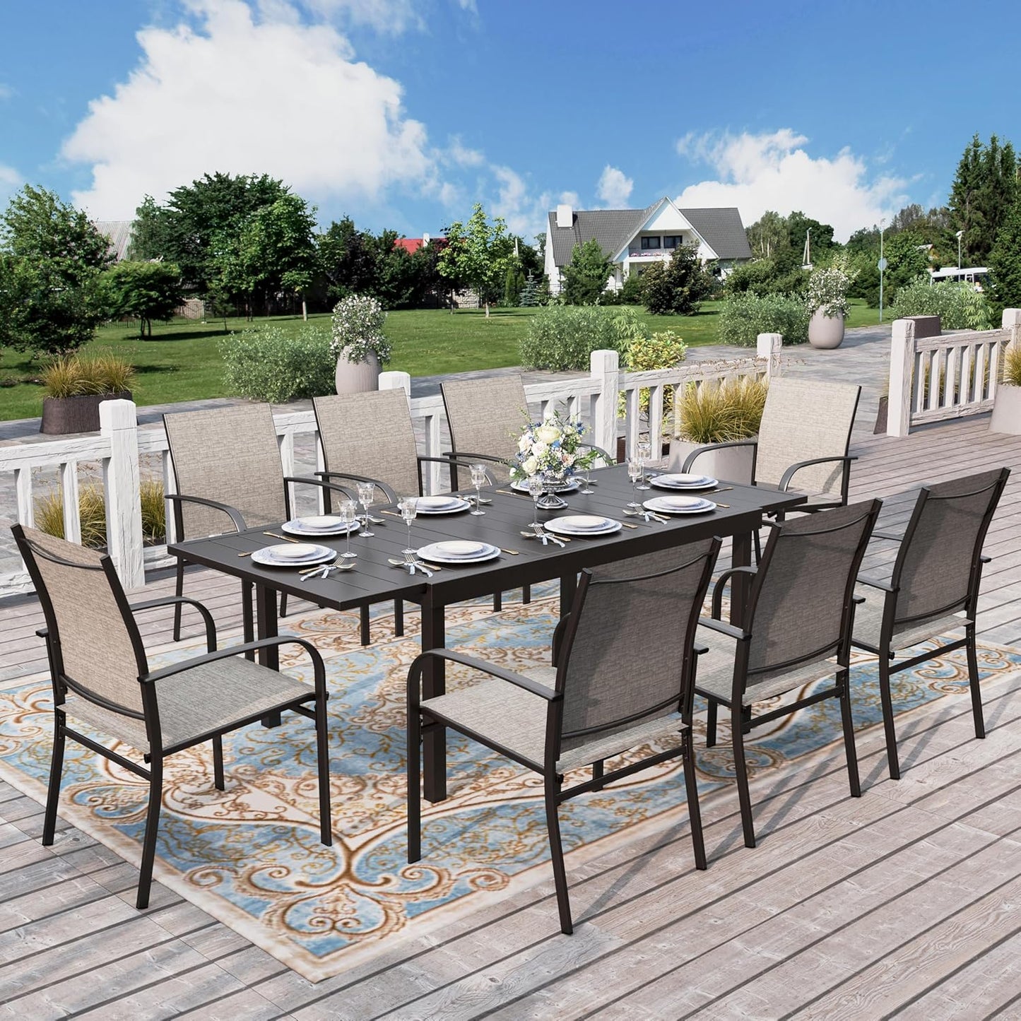 HERA'S HOUSE 9 Pieces Patio Dining Set, Outdoor Table Chairs Set for 8, 8 x Brown Dining Chair and 1 x Extendable Metal Dining Table for Patio Garden Porch Deck
