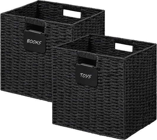 UBBCARE 2 Pack Wicker Basket, 12×12 Storage Cubes with Label, Foldable Cube Storage Bin with Handle, Square Storage Basket for Shelves, Woven Paper Rope Basket for Organizing, Black