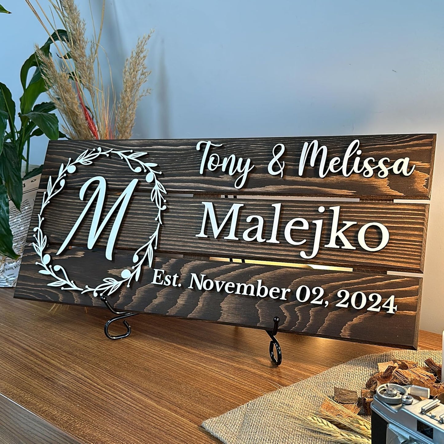 Personalized Wooden Monogram Family Sign with Couples Names, Custom Name Sign, Unique Wedding Gift for Couples, Rustic Established Date Plaque, Gifts for Wife