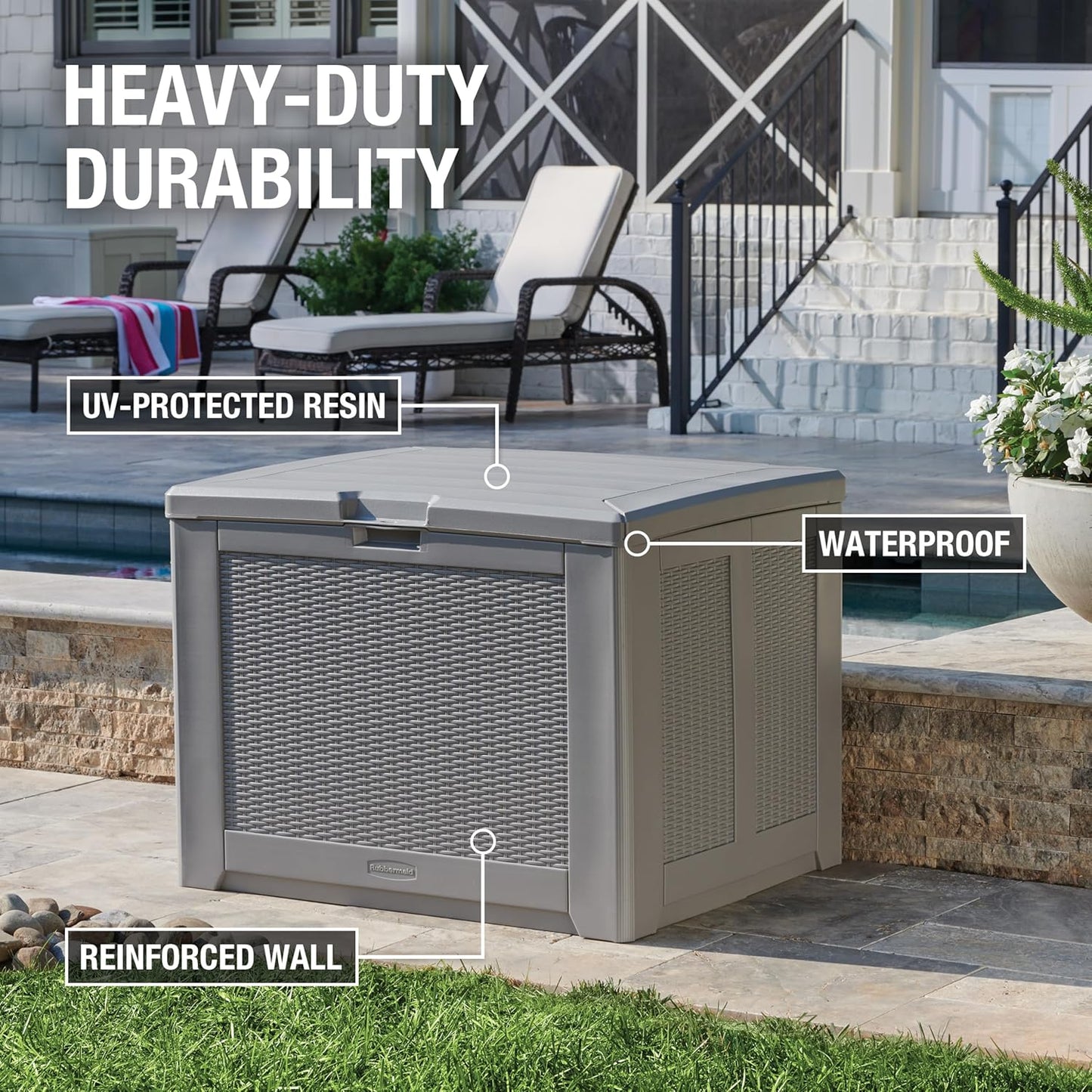Rubbermaid Medium Resin Outdoor Storage Deck Box (74 Gal) Weather Resistant Gray Deck Organization for Home/Backyard/Pool Chemicals/Toys/Garden Tools/Porch/Patio Cushions