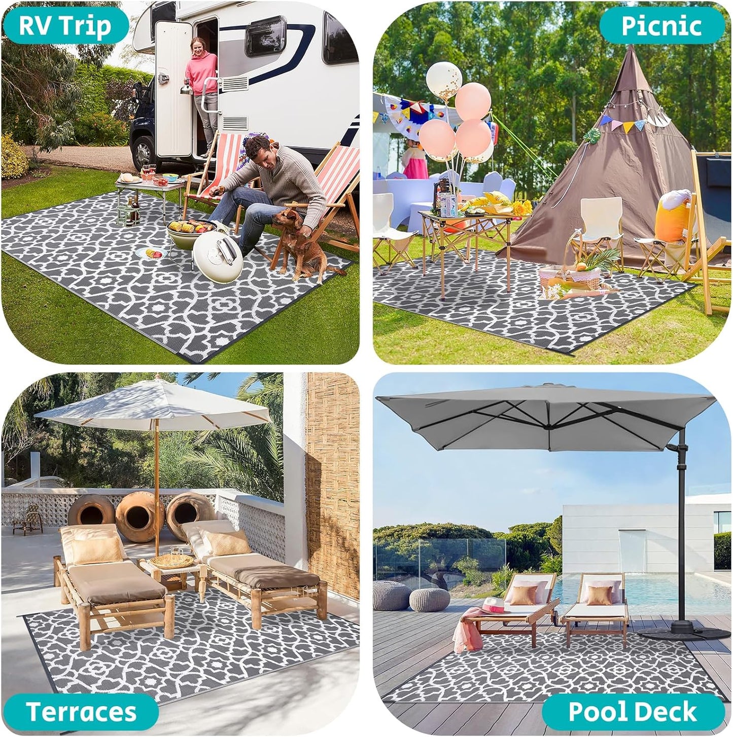 HEBE Outdoor Rug Waterproof 5x8, Plastic Straw Rug Camping Rug, Reversible Outdoor Patio Rugs RV Mat Clearance, Indoor Outside Floor Carpet for Porch,Deck,Camper,Balcony,Backyard