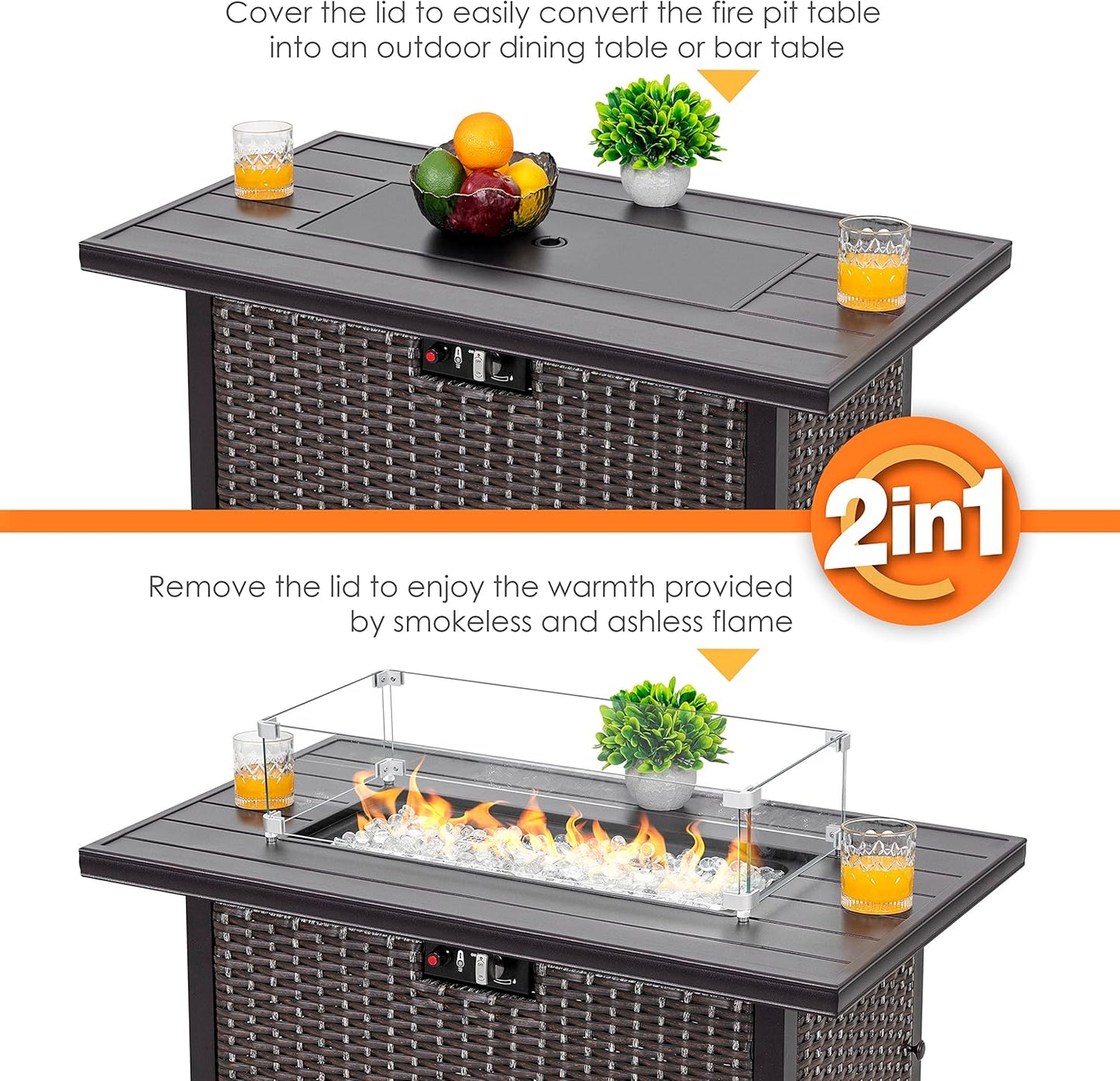 Nuu Garden Outdoor 43 Inch 50,000 BTU Propane Gas Fire Pit Table, Aluminum Tabletop and PE Rattan Weaved Steel Frame, Water-Proof Oxford Cover, Glass Beads, Lid, Dark Brown