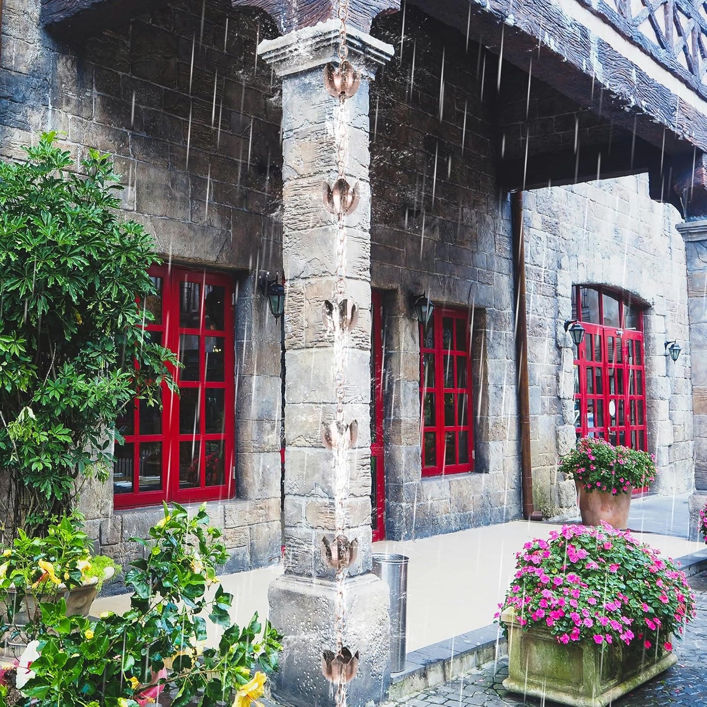 DUSVALLY Rain Chain, 5.85 FT Lotus Metal Rain Chain, Functional and Decorative Replacement for Gutter Downspouts, Divert Water and Home Display, Adjustable, Antique Brown