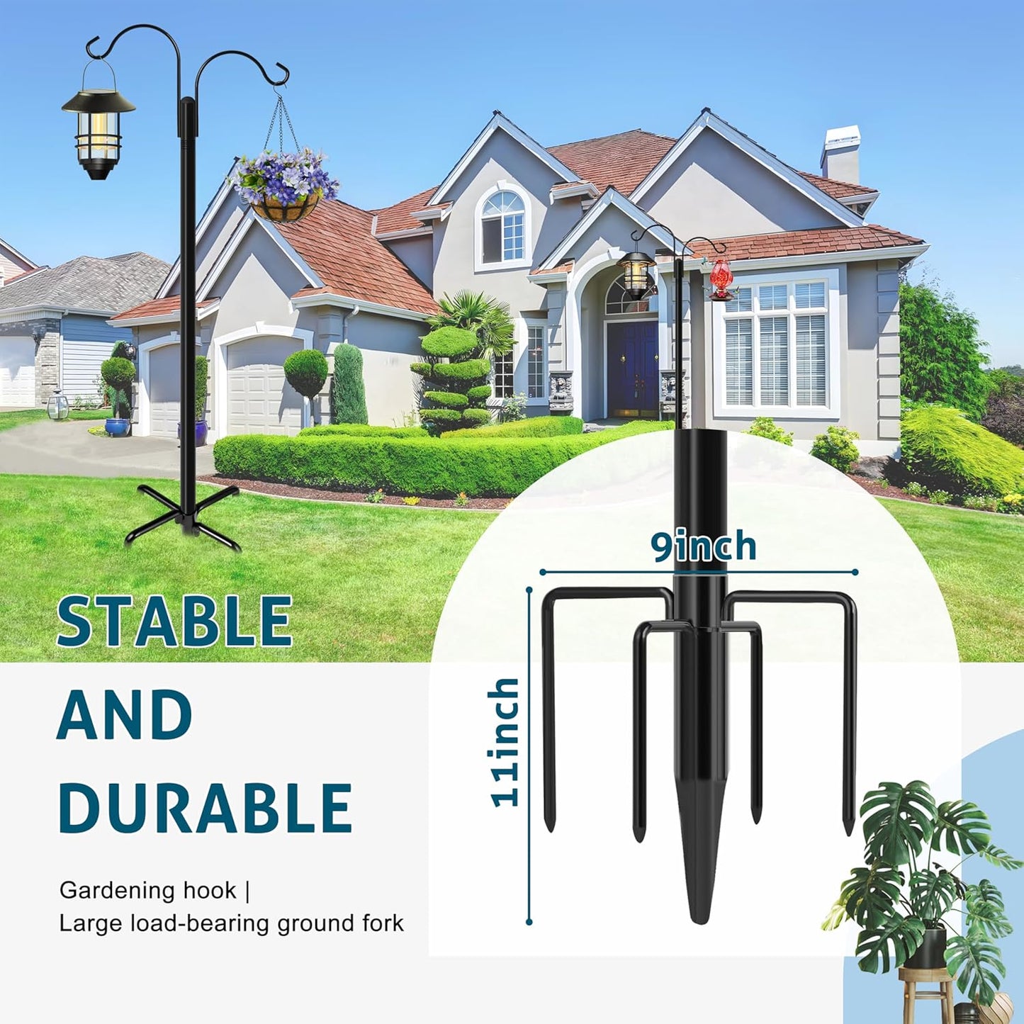 Ottsuls Double Shepherds Hooks for Outdoor, 92 Inch Bird Feeder Pole with 5 Prong Base, Upgrade 1 INCH Thick Heavy Duty Planter Hook for Hanging Baskets, Lantern,1 Pack