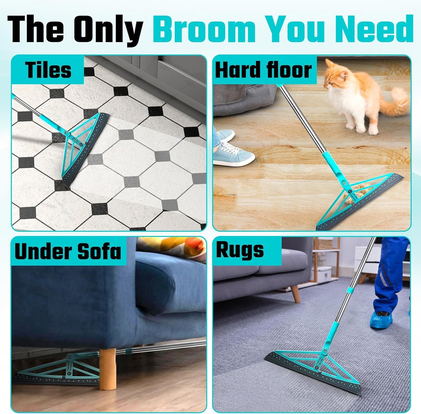 Magic Broom Squeegee Dog Pet Hair Remover, Rotatable, Height Adjustment - Silicone Broom Pet Hair Remover for All-Surfaces Hardwood Floors, Rugs, Tile, Glass, Liquid-Dirt with 50" Handle