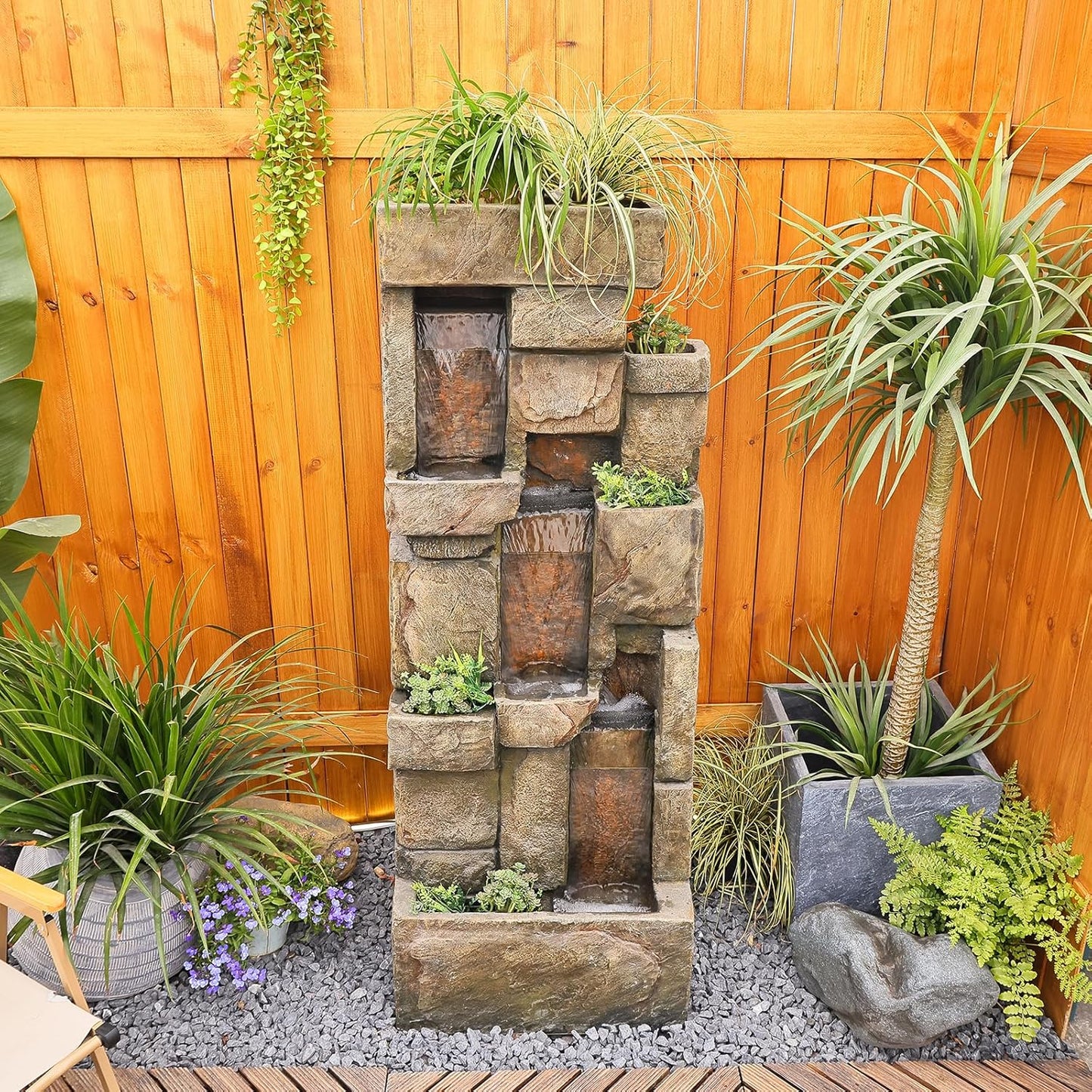 Garden Water Fountains Outdoor Floor Standing, 3 Tier Rock Waterfall Fountain with LED Lights and Pump for Garden, Patio, Backyard, Deck, Porch and Home Art Deco, 56.3" Very Tall