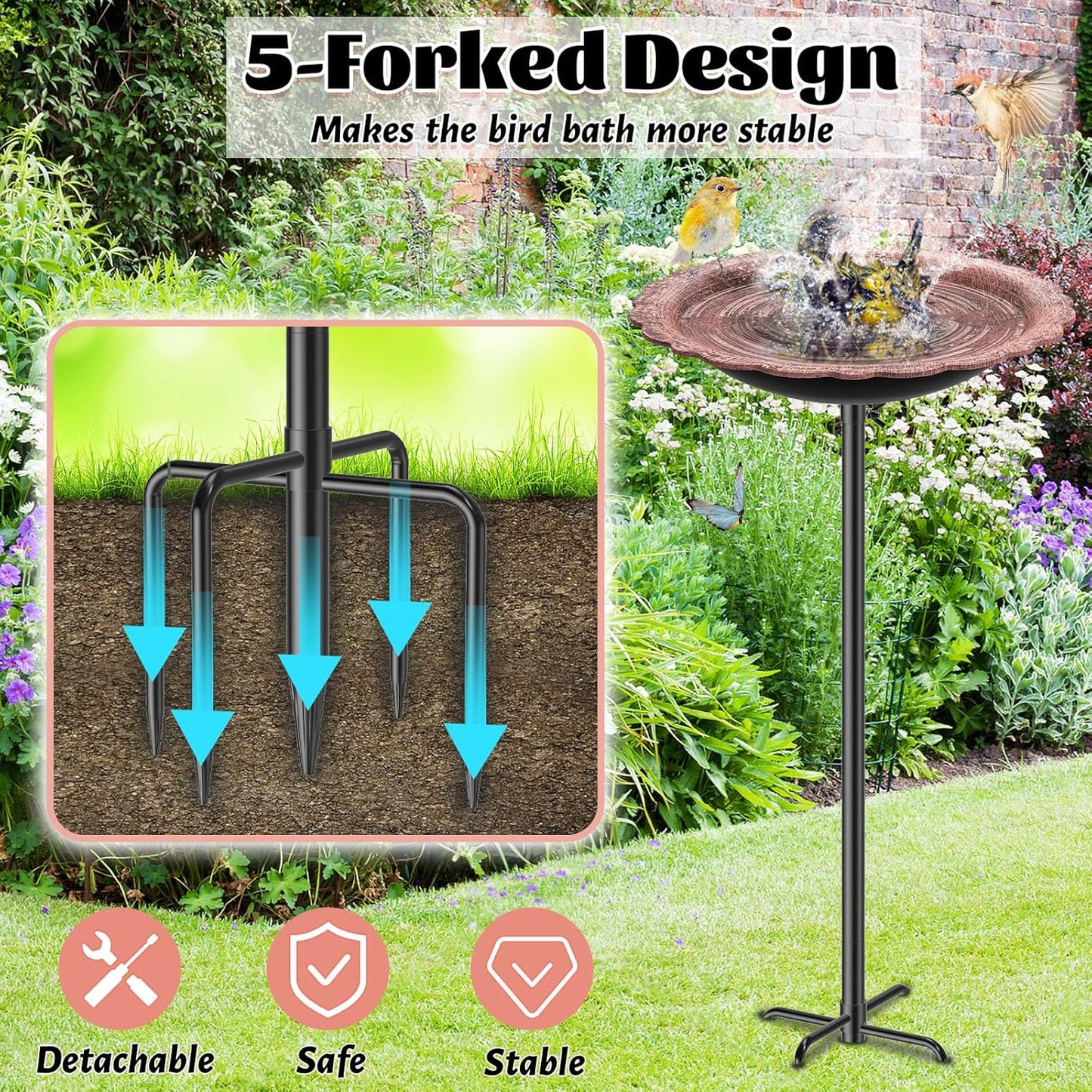 Bird Bath for Outside, MeyRolizn Metal Birdbath Birdfeeder Decorated with 5 Prong Base Stand, Outdoor Freestanding Bird Baths Feeder Bowl Garden Decor Yard Patio Lawn Art (Vintage Copper)