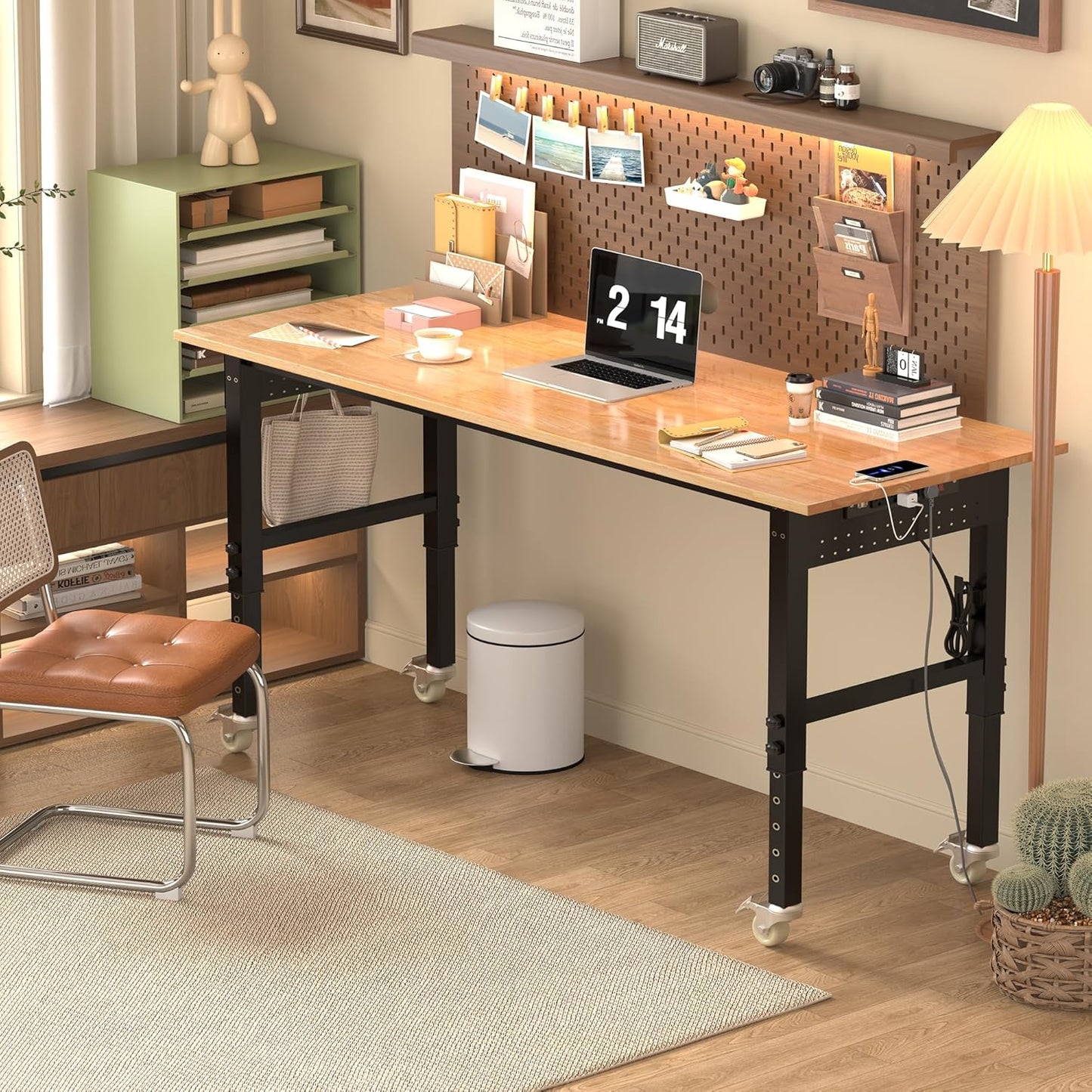 70’’ Work Bench Adjustable Workbench Heavy Duty Work Table with Power outlets, Pegboard, Wheels and Foot Pads, 2000 Lbs Capacity Hardwood Work Benches for Garage, Workshop, Office, Home