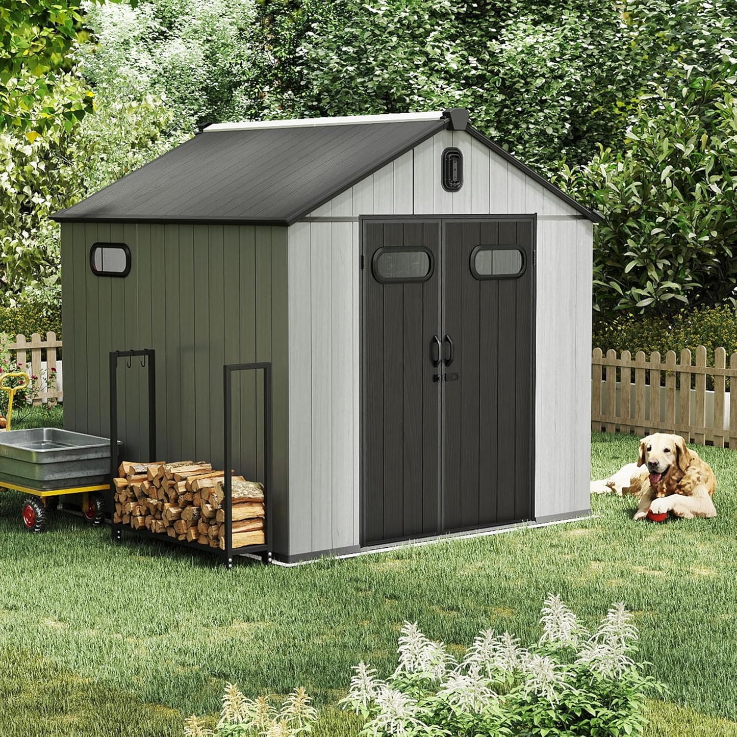 Domi 8x8FT Outdoor Resin Storage Shed with Transparent Windows & Louvered Vents, Plastic Tool Shed with Double Lockable Doors & Gable Roof, Outside Garden Shed for Backyard, Patio, Lawn, Grey