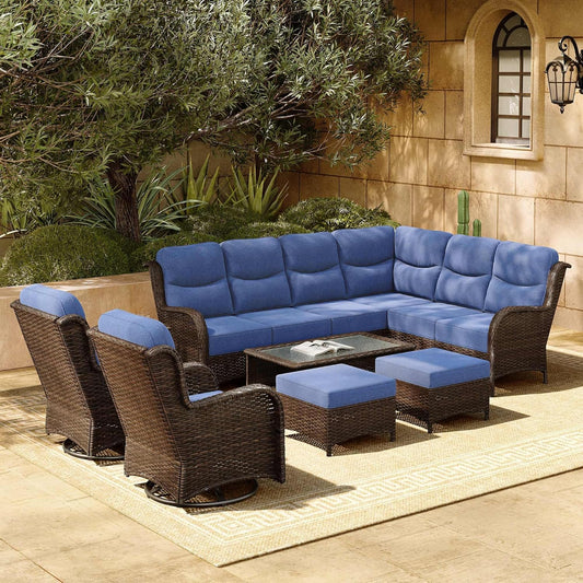HILLGA Luxury Patio Furniture Set with 6-inch Thick Cushion, Outdoor Sectional Sofa and High Back Swivel Rocker Patio Chairs, 7PCS Wicker Conversation Set for Deck Yard and Pool, Blue (V2)