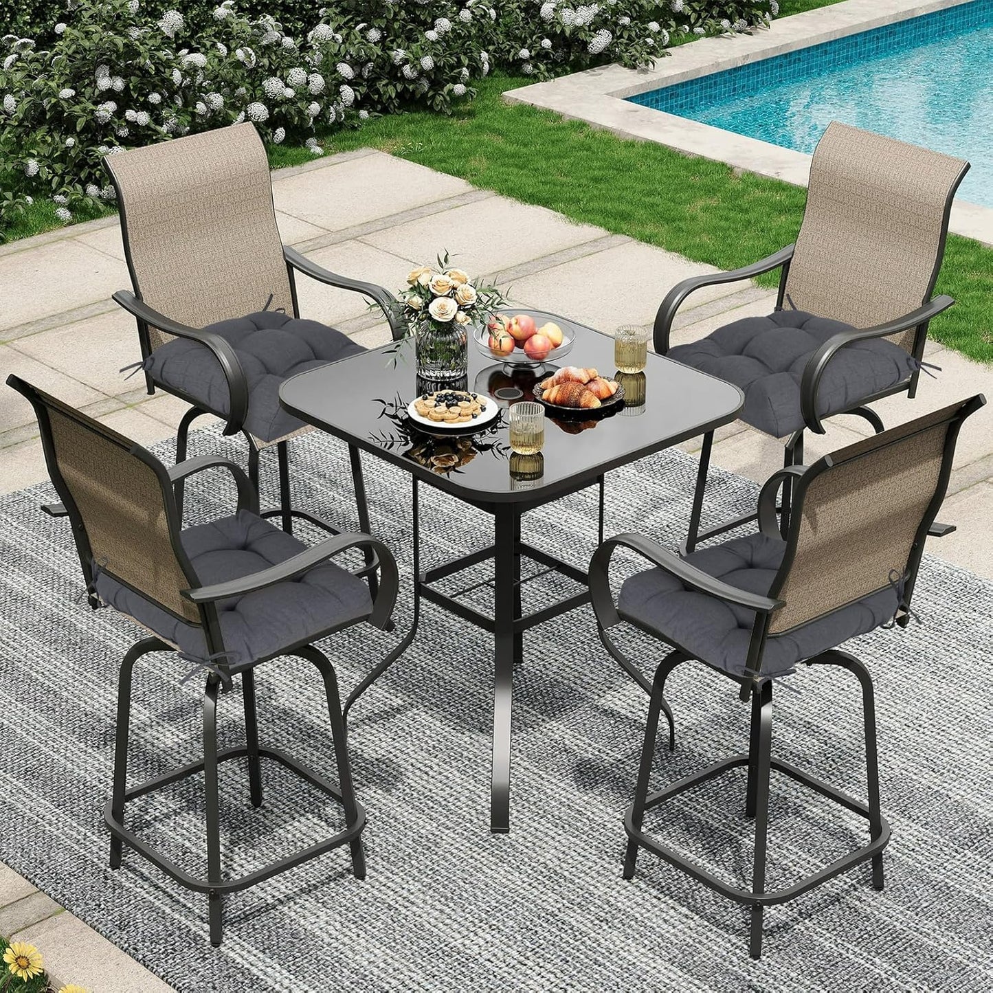 Aoodor 19" x 19" x 5" Tufted Outdoor Chair Cushions, Water Resistant & Fade Resistant Polyester Dining Chair Pads with 2 Straps for Patio Furniture, Set of 4