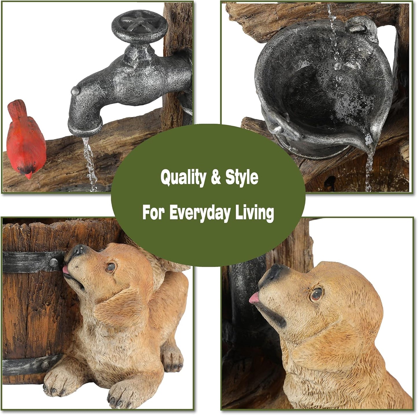 LuxenHome Water Fountain Outdoor, 30" Rustic Outdoor Water Fountain with LED Lights, Rustic Barrel Puppy and Pump Water Feature Outdoor, Garden Fountains Outdoor Patio, Porch, or Indoor Entryway