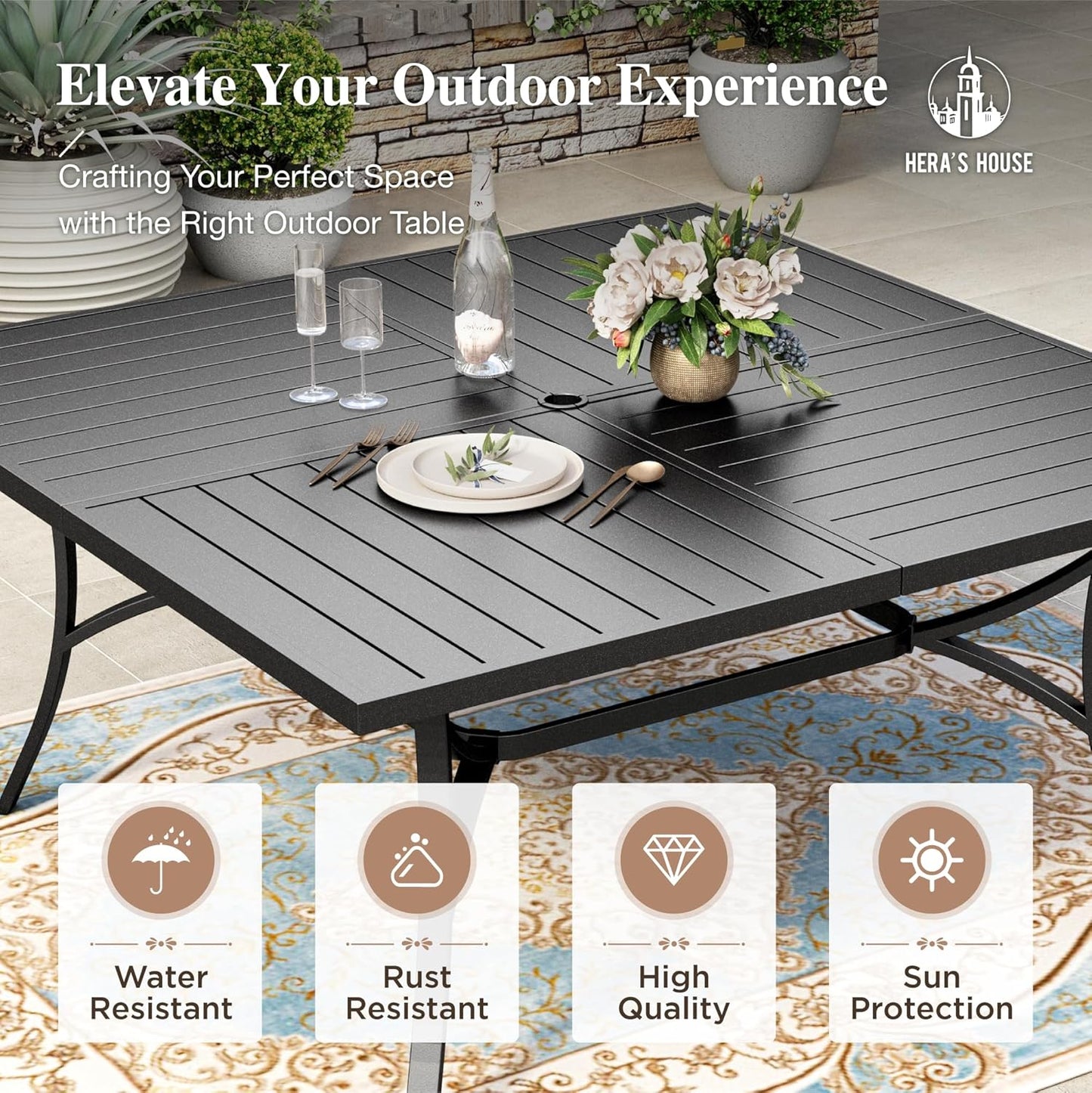 HERA'S HOUSE 9 Pieces Patio Dining Set, Outdoor Table and Chairs Set for 8, 8 x Brown Textilene Dining Chair and 60" Square Metal Dining Table, Outdoor Dining Sets for Lawn Garden Backyard Deck
