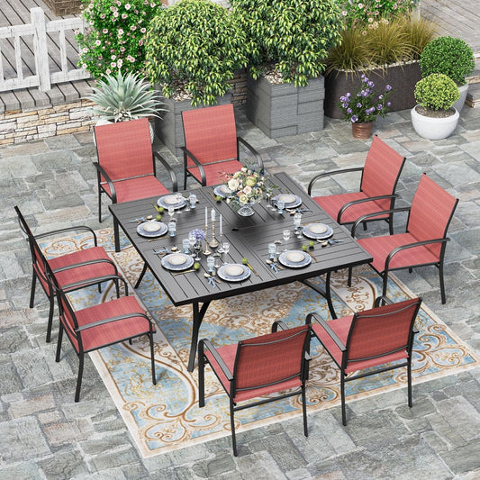 HERA'S HOUSE Patio Dining Set 9 Pieces, Outdoor Table and Chairs Set for 8, 8 x Red Textilene Dining Chair, 60" Square Metal Dining Table with 1.57" Umbrella Hole, for Lawn Garden Backyard Deck