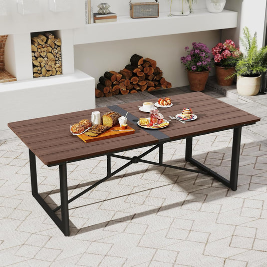 HAPPATIO Outdoor Acacia Wood Dining Table, 8-Person Patio Dining Table with Powder-Coated Aluminum Frame, Rectangle Outdoor Dining Table with Umbrella Hole for Deck Yard Garden
