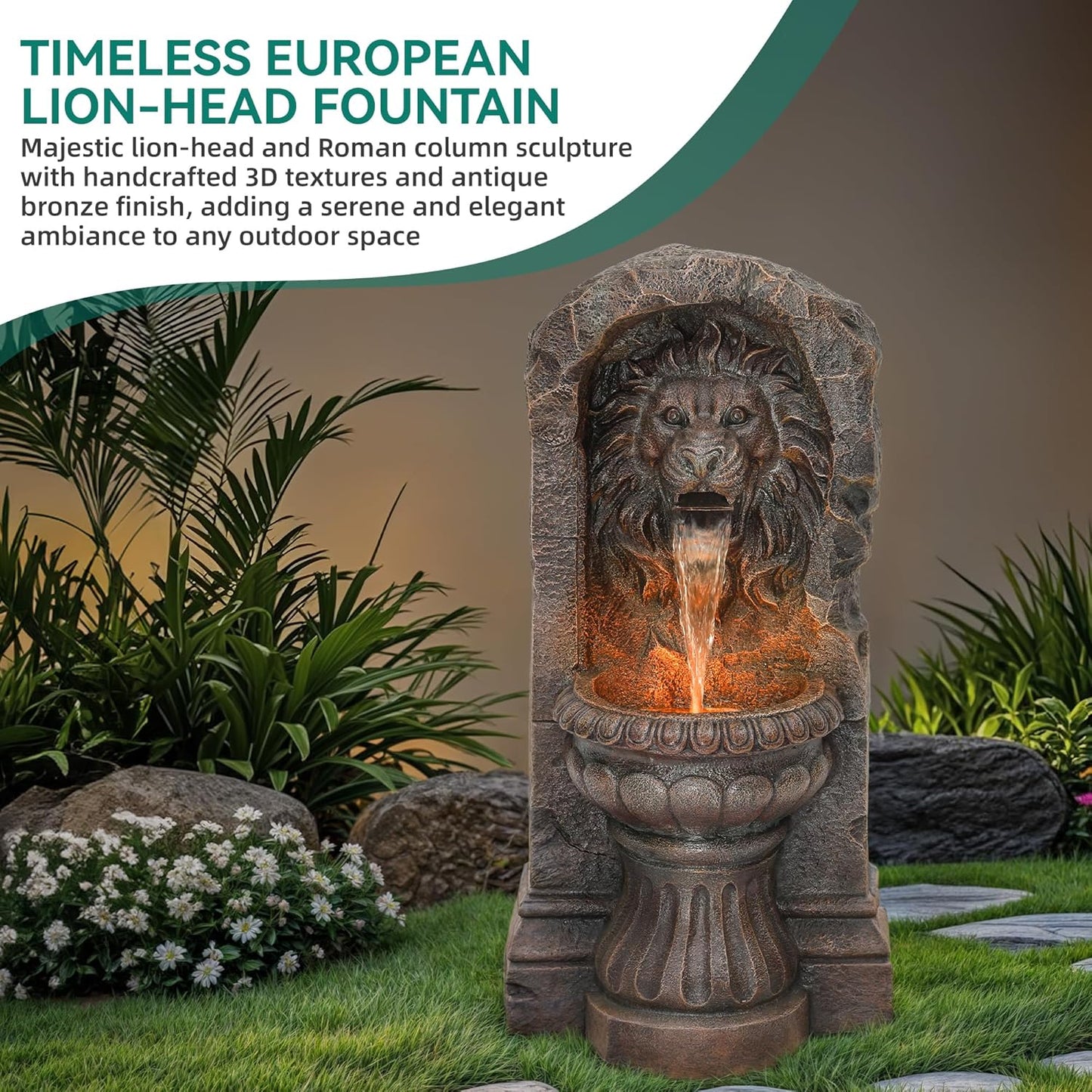 30" Lion Head Outdoor Water Fountain with LED Lights, 2-Tier Resin Garden Fountain, Tranquil Cascading Waterfall for Patio Yard Deck or Porch, Faux Bronze Finish, Weather-Resistant