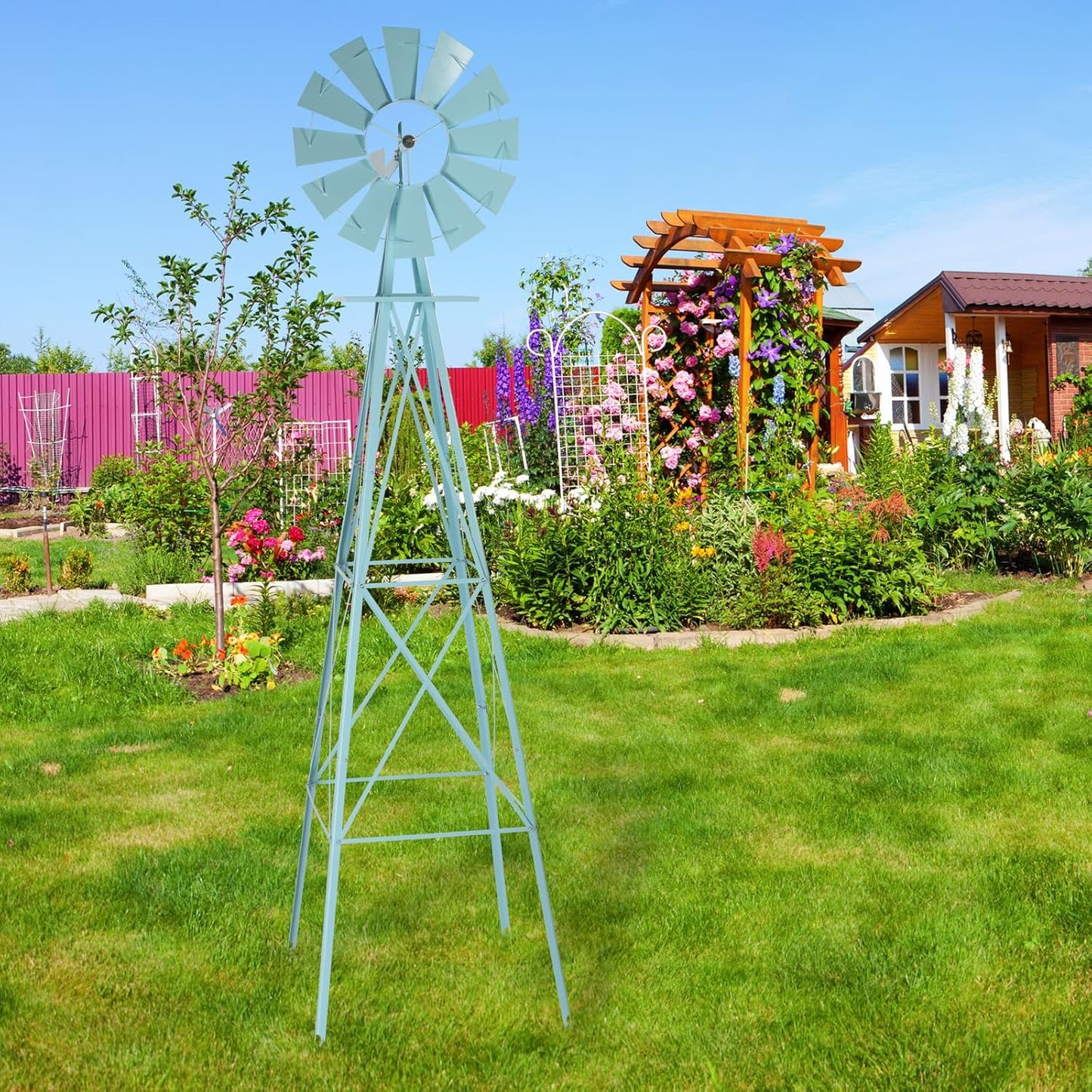 Garden Windmill for Yard Decor, 8 ft Tall Metal Windmill with Spinning Blades, Weather-Resistant Outdoor Windmill for Lawn, Farmhouse, Rustic & Farm Decor,Blue