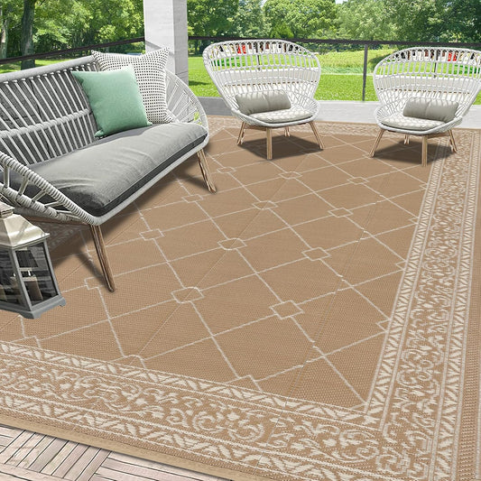 HEBE Outdoor Rug Waterproof 9x12, Reversible Plastic Straw Rug RV Camping Rug, Indoor Outdoor Patio Mat Clearance, Outside Carpet for Porch,Deck,Camper,Balcony,Backyard,Picnic