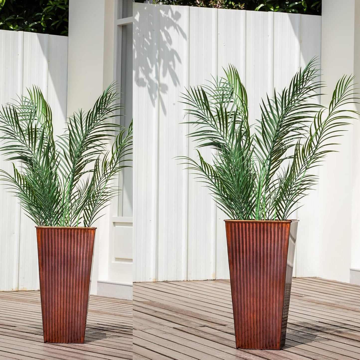 22in Vintage Handmade Metal Vertical Lines Copper Tapered Planters,Planter Box with Drainage Holes and Saucer -Set of 2, Galvanized Steel Planter for Indoor/Outdoor/Porch/Garden