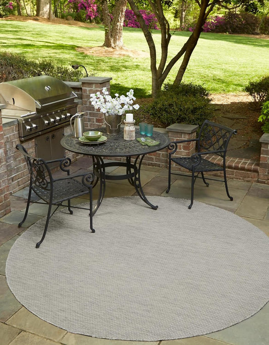 Unique Loom Collection Casual Transitional Solid Heathered Indoor/Outdoor Flatweave Area Rug (4' 1" Round, Light Gray/Ivory)