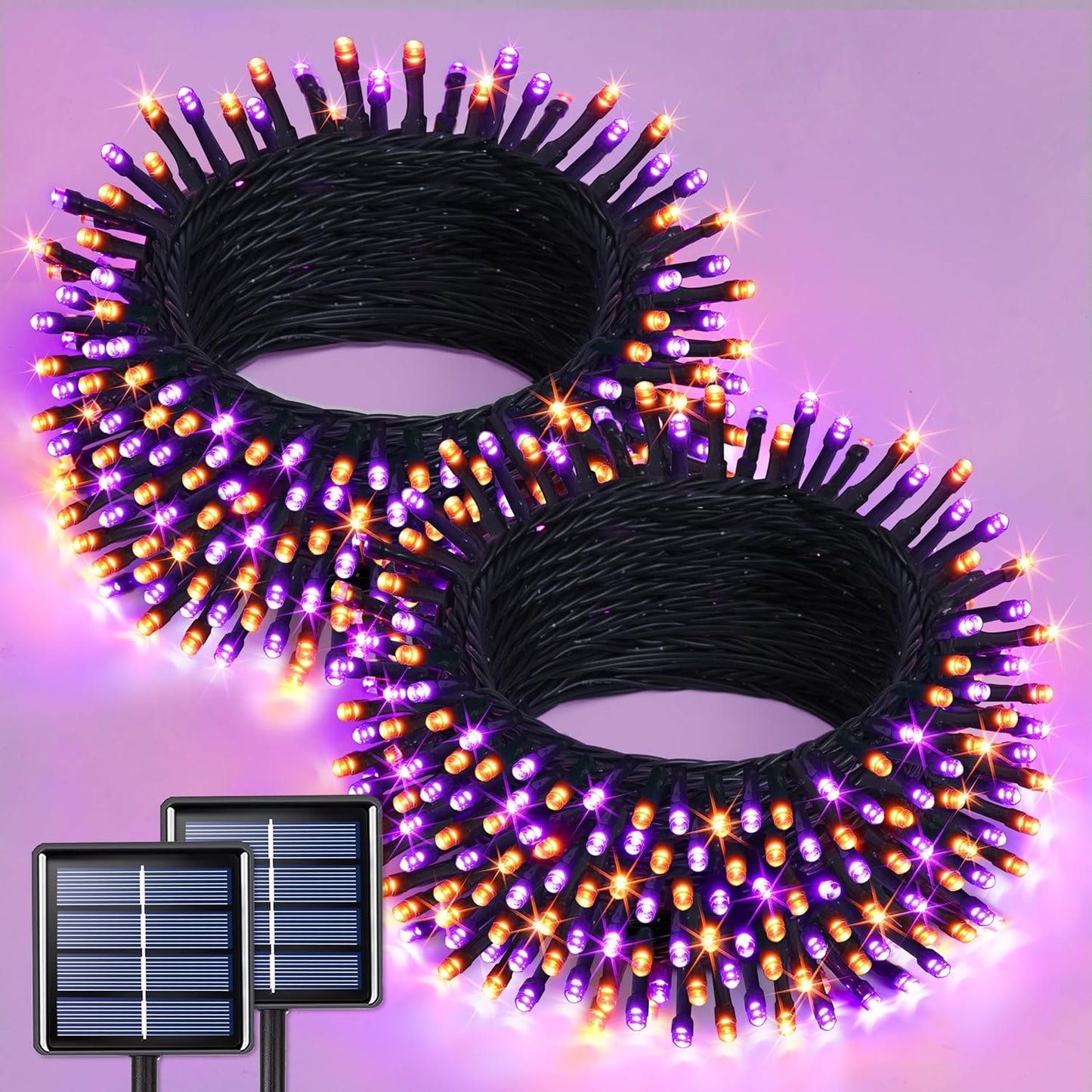 JMEXSUSS Orange and Purple Solar Halloween Lights, 2 Pack Total 400 LED Solar String Lights Outdoor Waterproof, 8 Modes Halloween Light for Outside Patio Yard Tree Decorations