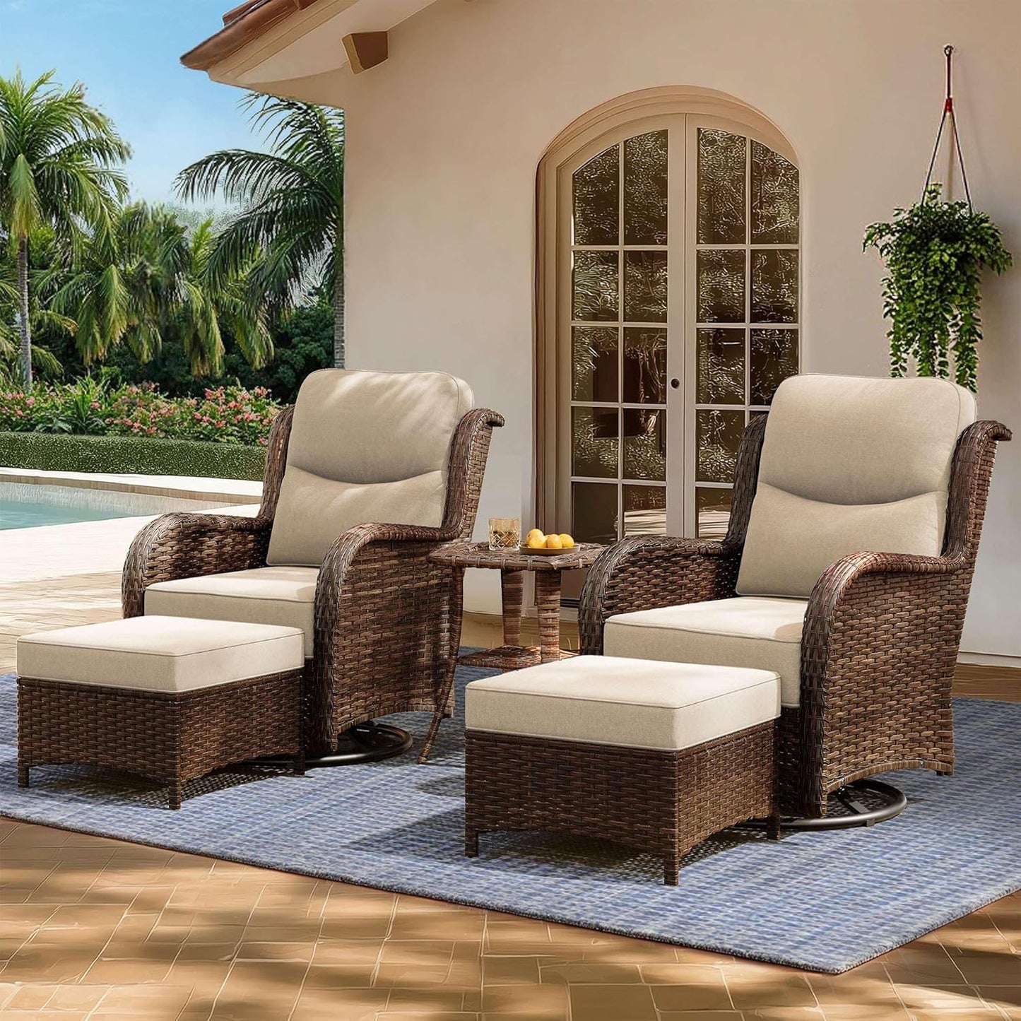 HILLGA Luxury Patio Furniture Set with 6-Inch Thick Cushions, High Back Outdoor Swivel Rocker Chairs and Ottoman, 5-Piece All Weather Conversation Set for Porch Deck Balcony Yard, Beige (V3)