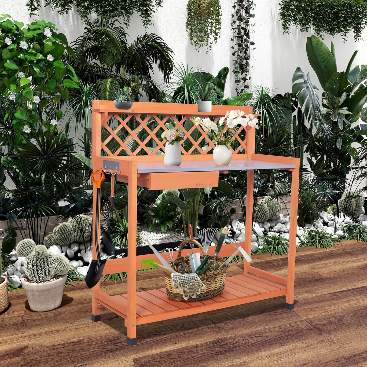 Outdoor Potting Bench & Wooden Gardening Work Station Planting Table with Metal Tabletop, Drawer, Storage, and Hooks