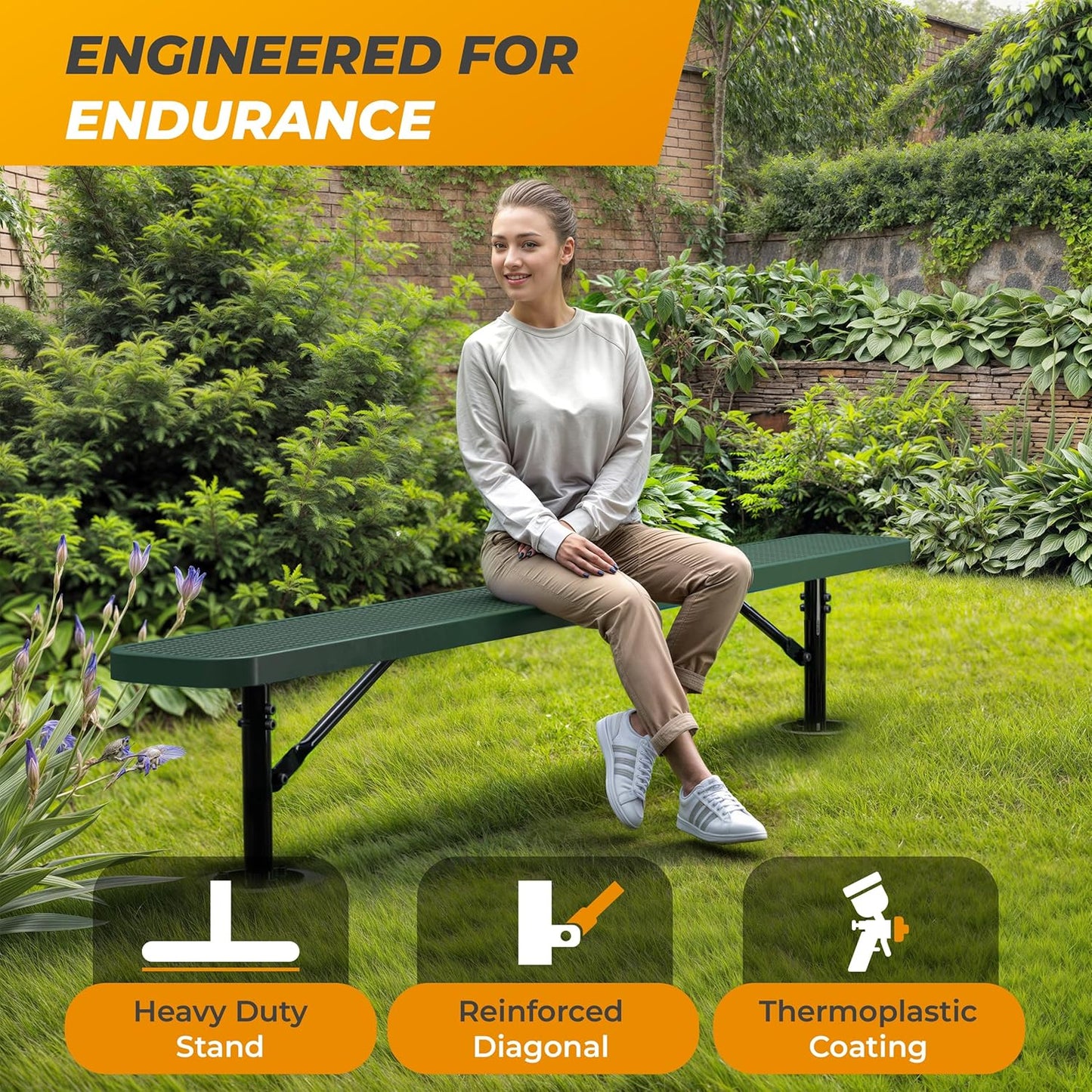 Heavy-Duty Outdoor Metal Bench, Thermoplastic-Coated, Surface, Weatherproof, Commercial-Grade for Parks, Gardens, Patios, Stores & More (8 Ft - Surface, Green)