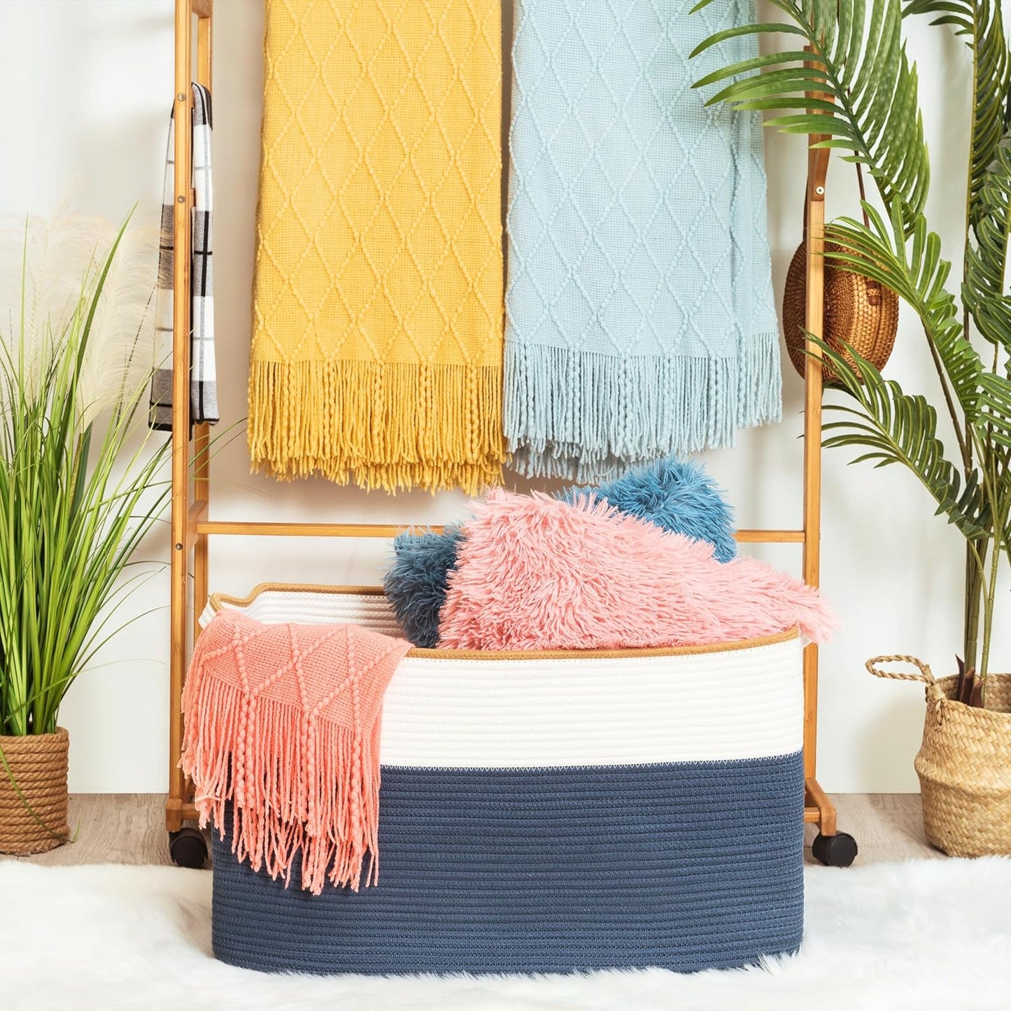 MINTWOOD Design 22in Extra Large Blanket Basket Holder Living Room, Rectangle Rope Woven Storage Basket with Handles for Laundry, Pool Towels, and Shoes, Dog Toy Organizer Bin Box, Prussian Blue