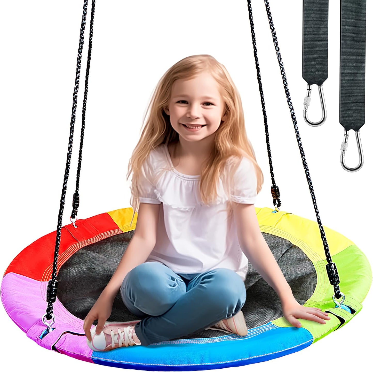 TURFEE 40" Saucer Tree Swing for Kids - 900Lb Weight Capacity, 900D Waterproof Oxford Fabric Platform Swing Seat with Adjustable Ropes for Kids Playground Outdoor Activity Backyard Fun (Rainbow)