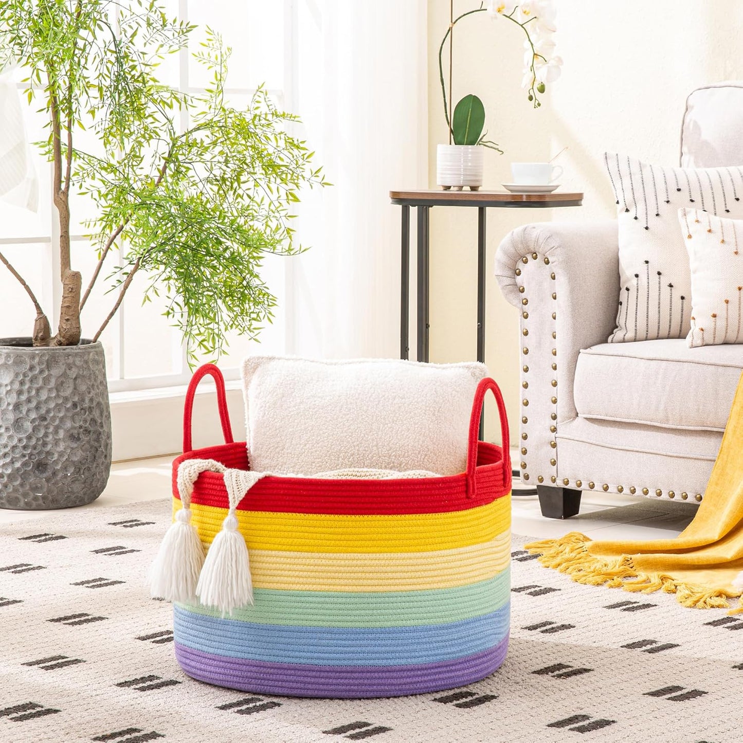 KAKAMAY Large Blanket Basket (20"x13"),Woven Baskets for storage Baby Laundry Hamper, Cotton Rope Blanket Basket for Living Room, Laundry, Nursery, Pillows, Baby Toy chest (Rainbow)