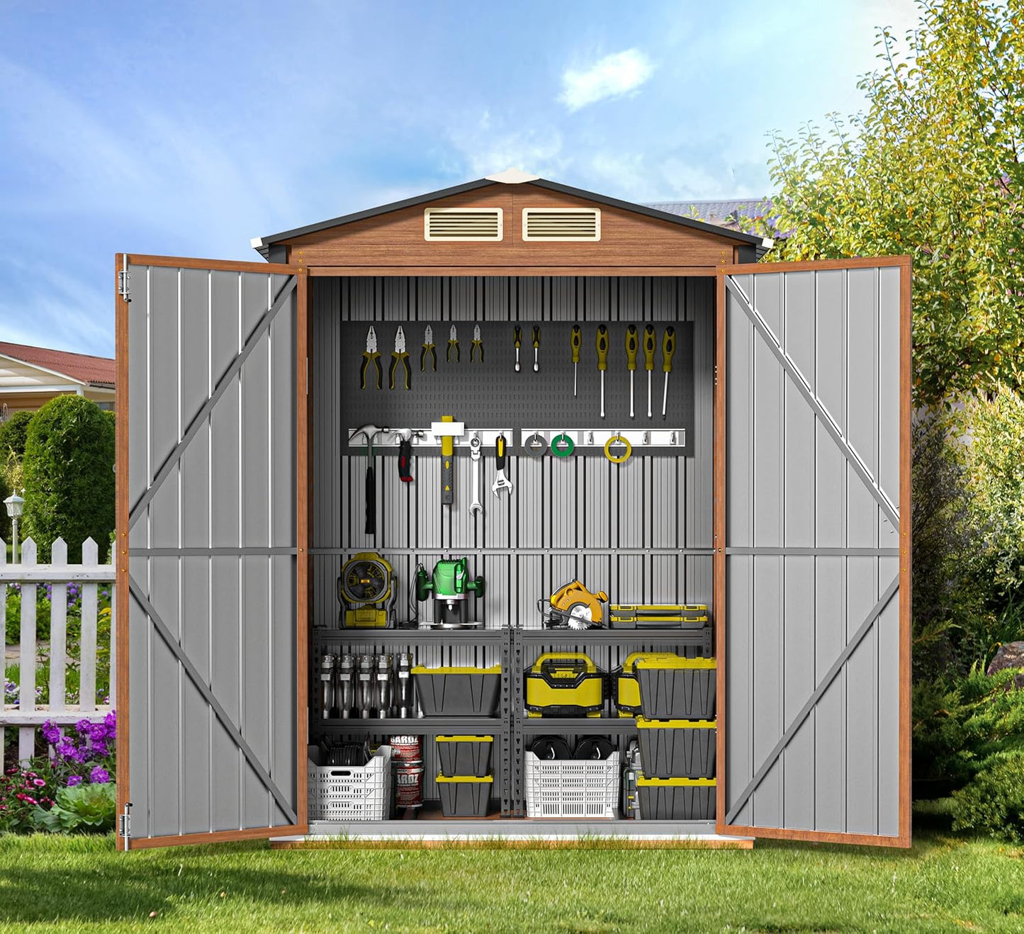 Outdoor Storage Shed, 5x3 Ft Metal Steel Tiny House with Frame Floor & Lockable Door, Vertical Outside Storage Building for Garden, Backyard, Lawn, Patio Utility, Tool Storage