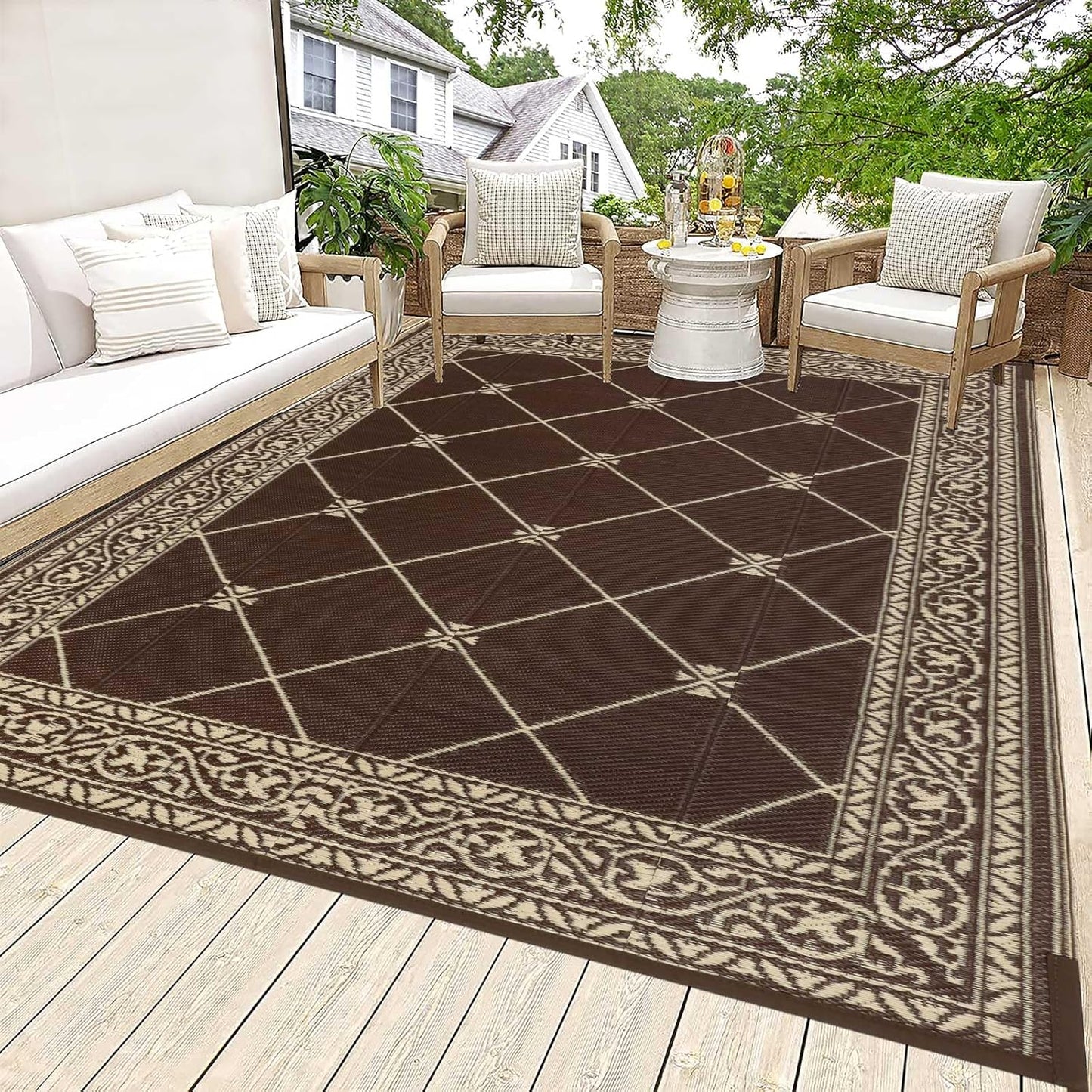 HiiARug Outdoor Patio Rugs 6x9Ft Outside Rugs Patio Waterproof Plastic Straw RV Camping Rug Reversible Mats Large Floor Mat and Rug for Patio, Backyard, Deck, Picnic, Beach, Trailer (Brown)