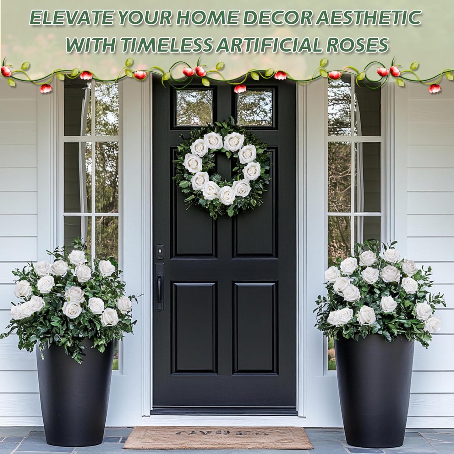 50 PCS Fake White Roses, Artificial White Flowers Bulk Realistic Silk Faux Roses with Stems for Wedding Decorations Table Centerpieces Bridal Bouquet DIY Floral Arrangement Event Party Home Decor