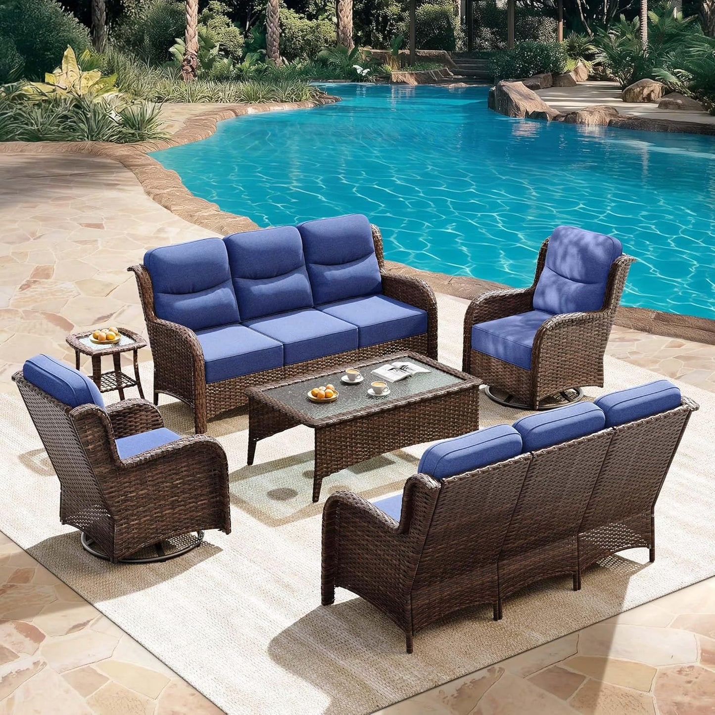HILLGA Luxury Patio Furniture Set with 6-Inch Thick Cushions, High Back Outdoor Swivel Rocker Chairs and Patio Couch, 6-Piece All Weather Conversation Set for Porch Deck Pool Yard, Blue (V3)