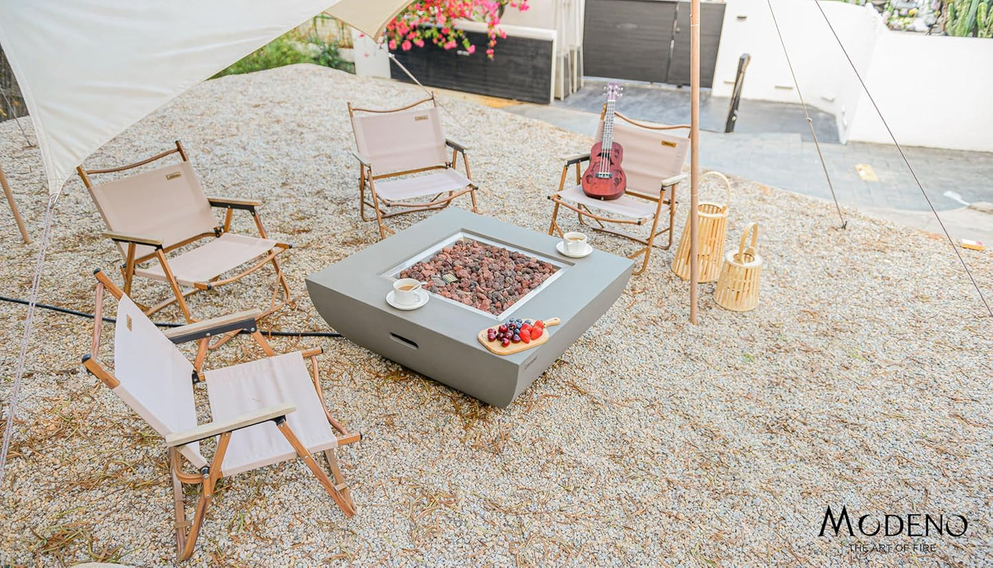 AMS Fireplace | Modeno Westport Package | Light Gray Liquid Propane Gas Fire Pit Table for Outside Patio Bundle with Tank Cover, Wind Guard, & SS Burner Lid | Free Ice Bucket & Rubber Mat