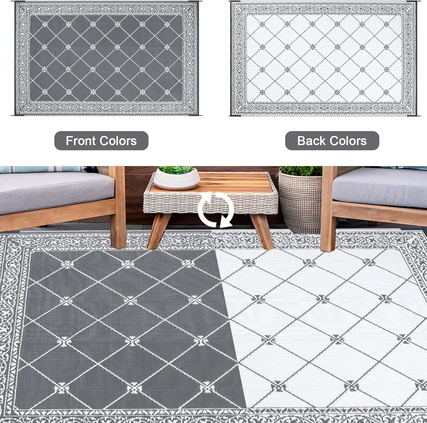 HiiARug Reversible Mat Plastic Outdoor Rugs for Patios Clearance Waterproof Plastic Straw Rug Large Area Rug for Outdoor, Porch, Patio, RV,Camping,5x7Ft, Grey