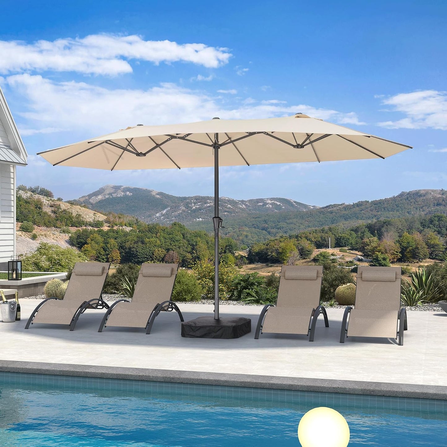 PURPLE LEAF 14ft Patio Market Umbrella Outdoor Double-Sided Umbrella with Base and Crank Rectangle Table Umbrella for Pool Deck Garden, Khaki