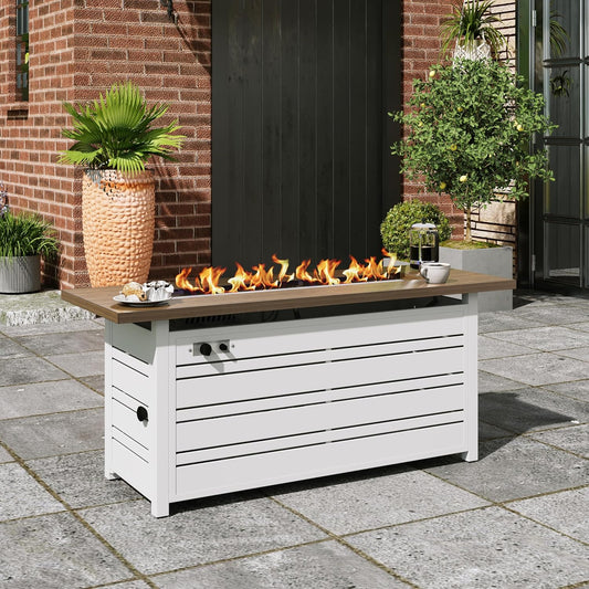 56 Inch Gas Fire Pit Table, 50,000 BTU Propane Pits for Outside with Removable Lid and Glass Fire Rocks, 2 in 1 Firepit Table Gatherings Parties on Patio Deck Garden Backyard, White