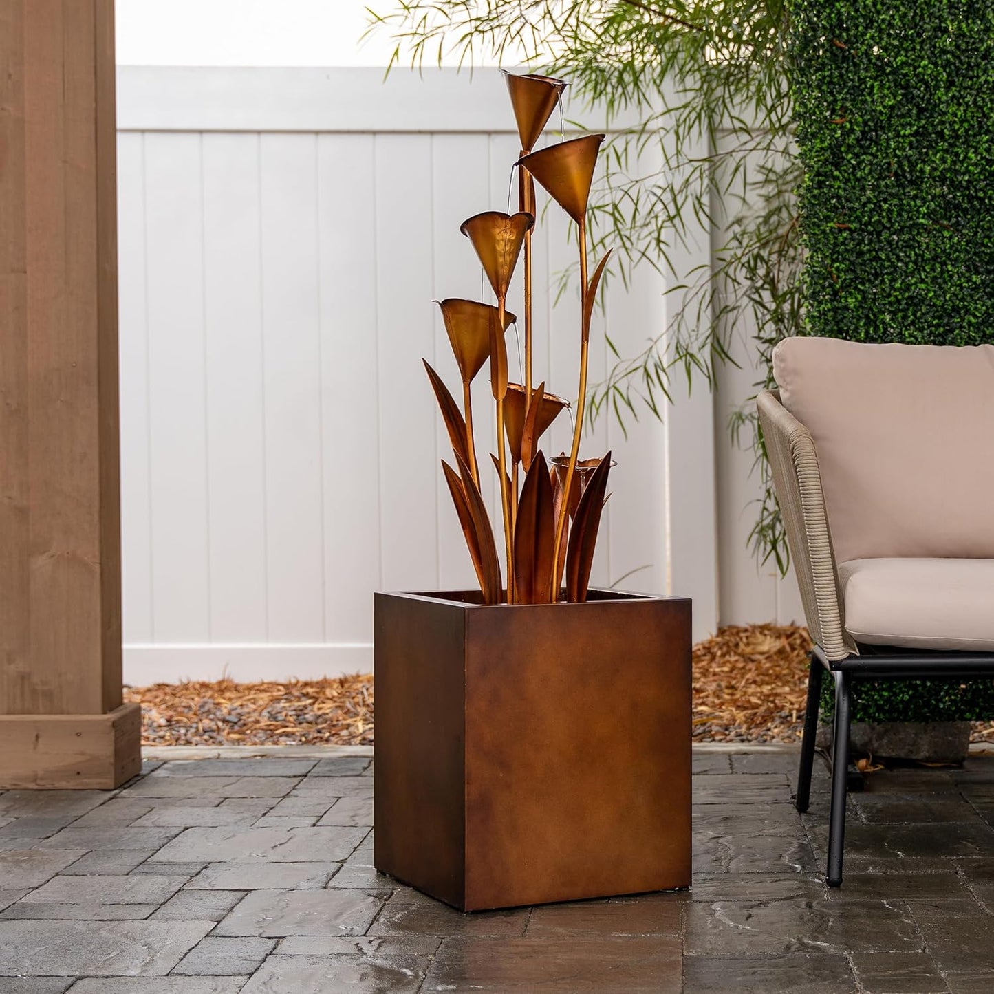 XBrand Sculptural Freestanding Metal Multi-Tiered Water Fountain w/Flowers, No LED Lights, Bronze, 46" Tall