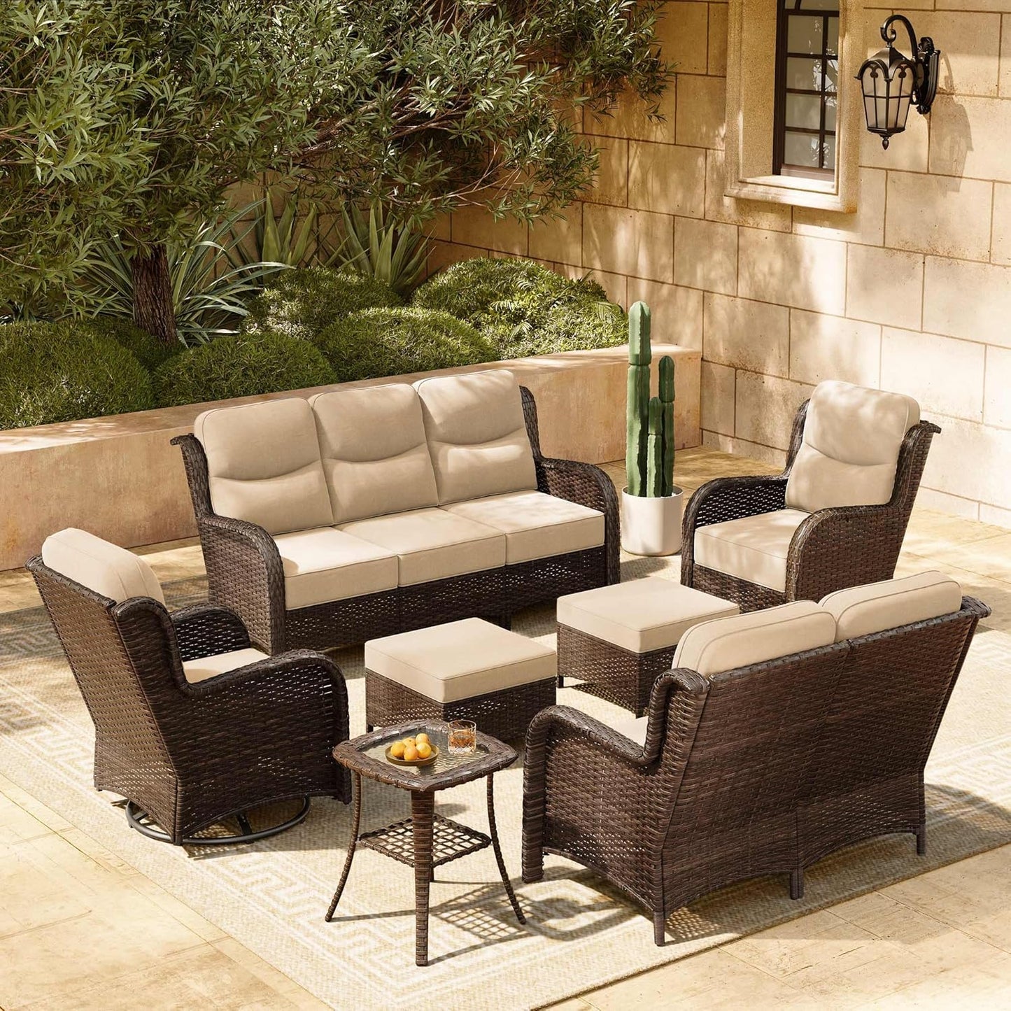 HILLGA Luxury Patio Furniture Set with 6-inch Thick Cushion, Outdoor Couch, Loveseat and High Back Swivel Rocker Patio Chairs, 7PCS Wicker Conversation Set for Deck Yard and Poolside, Beige (V2)